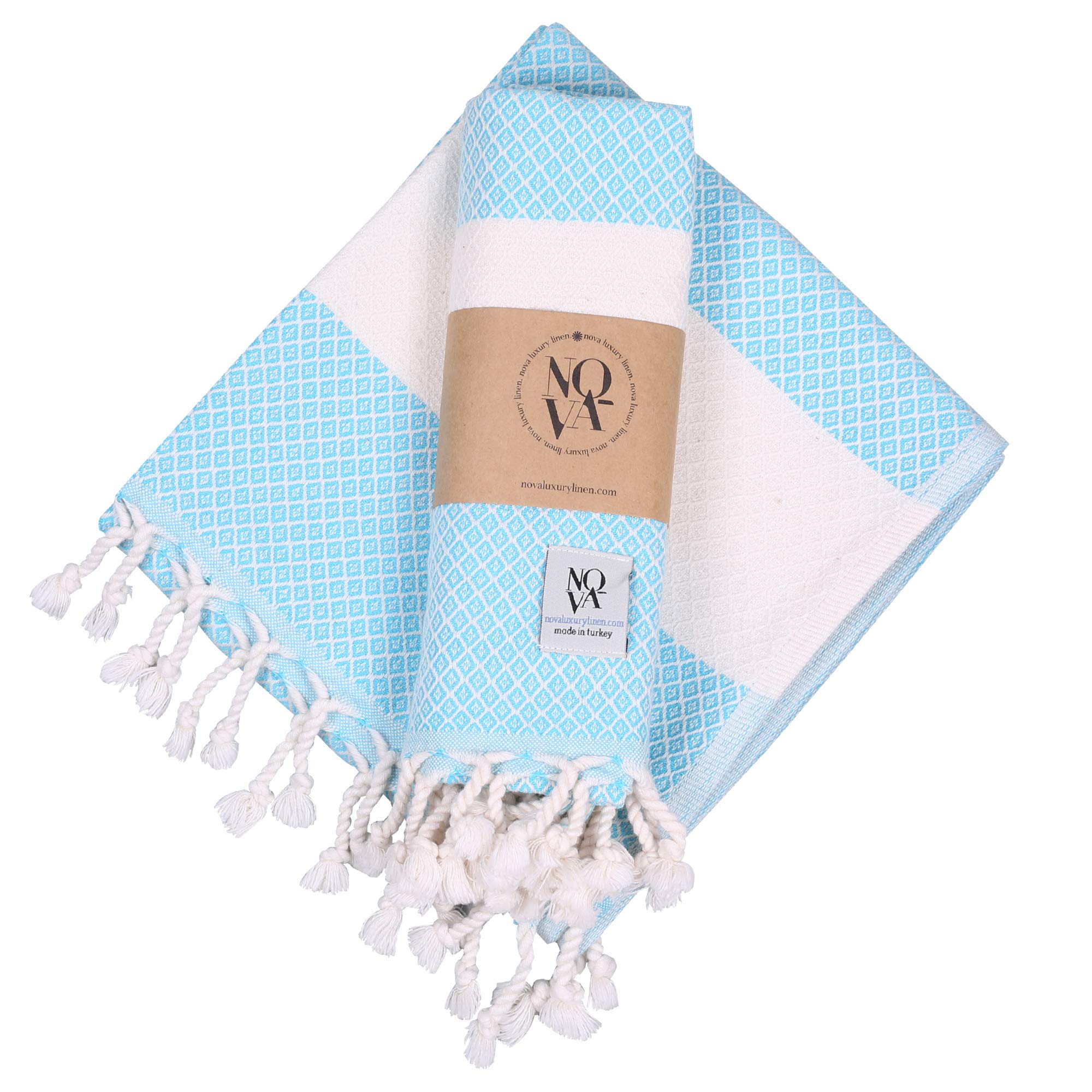 NOVA Luxury Linen - Diamond Weave Soft Cotton Turkish Hand Towels for Bathroom - Pack of 2, Turquoise