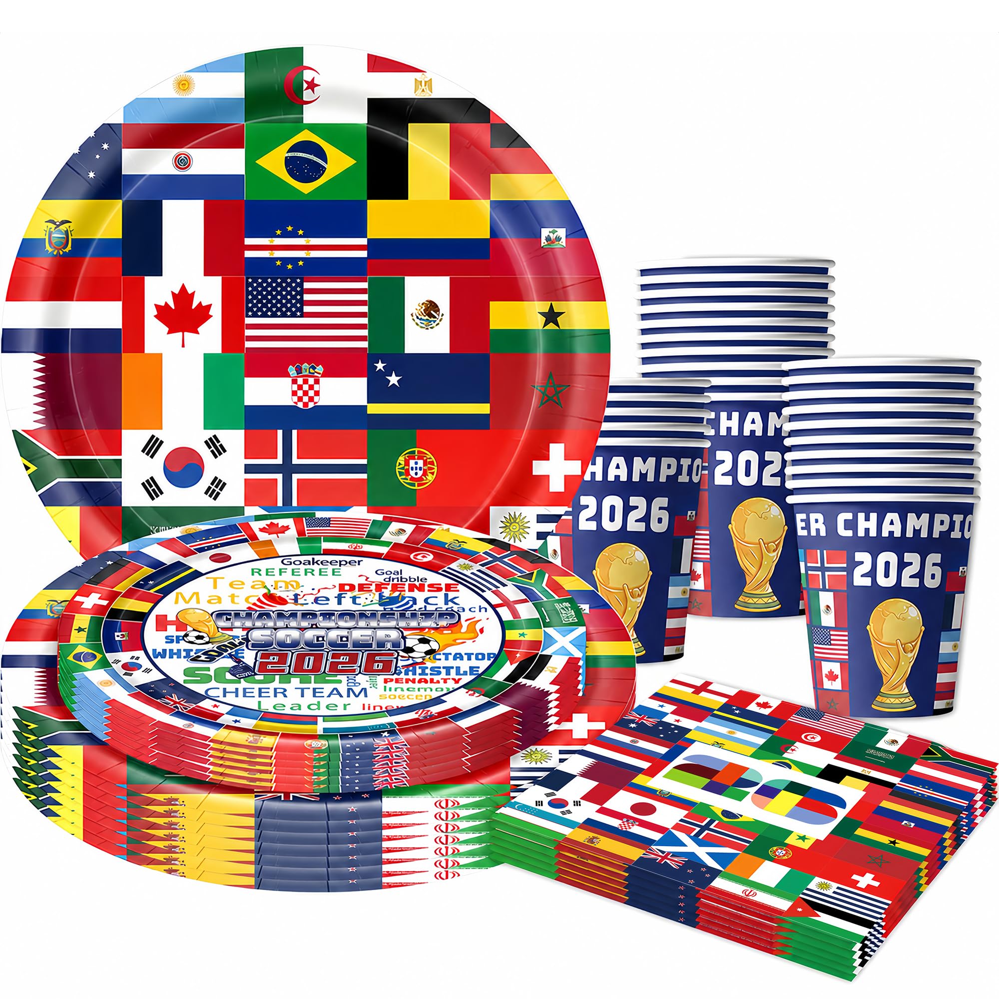 World Football Cup 2026 Decorations 50Pcs Football Party Supplies Tablewear with International Flags Paper Plates Cups Napkins Set for for Kids Birthday Sports Party Table Decorations