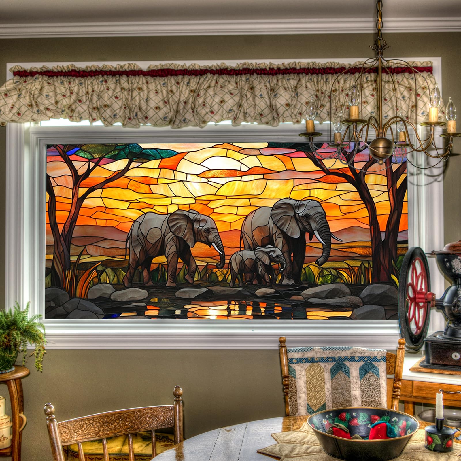 HOMETITUTE Stained Glass Window Film 39.3×17.7 Inchs Elephant Window Privacy Film Glass Windows Decorative for Home Living Room Sun Blocking Static Cling Sticker