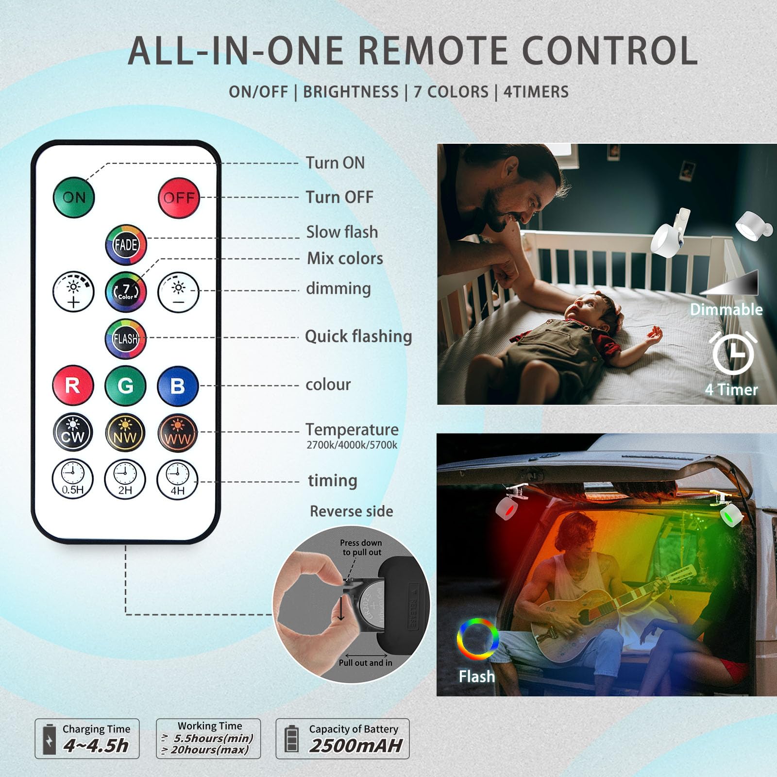 Adetu LED Magnetic Wall Light, Rechargeable Battery, 3 Color Temperatures & RGB, Dimmable, 360Â° Rotation, Removable Clamp, Remote/Touch Control Sconces (2-Pack, White)