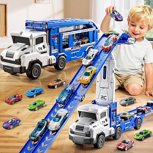 Miniatura 10 de Juguetes de coche y camión para niños de 3, 4, 5, 6, 7, 8 años, juego de camión transportador con pista de 12 juguetes de coche fundidos a presión,