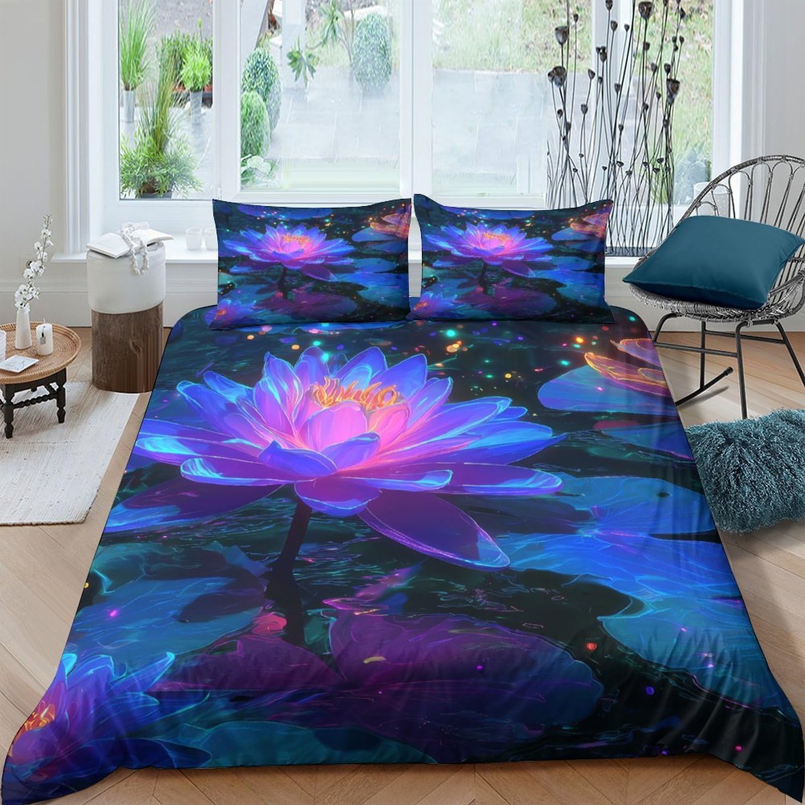 Ctjqhvkz Style-2 3D Printed Blue Lotus Fitted Sheet Microfiber Soft Anti-Slip Purple Water Lily Mattress Cover For Bedroom Dorm Decor, Easy Care Single（135X200cm）