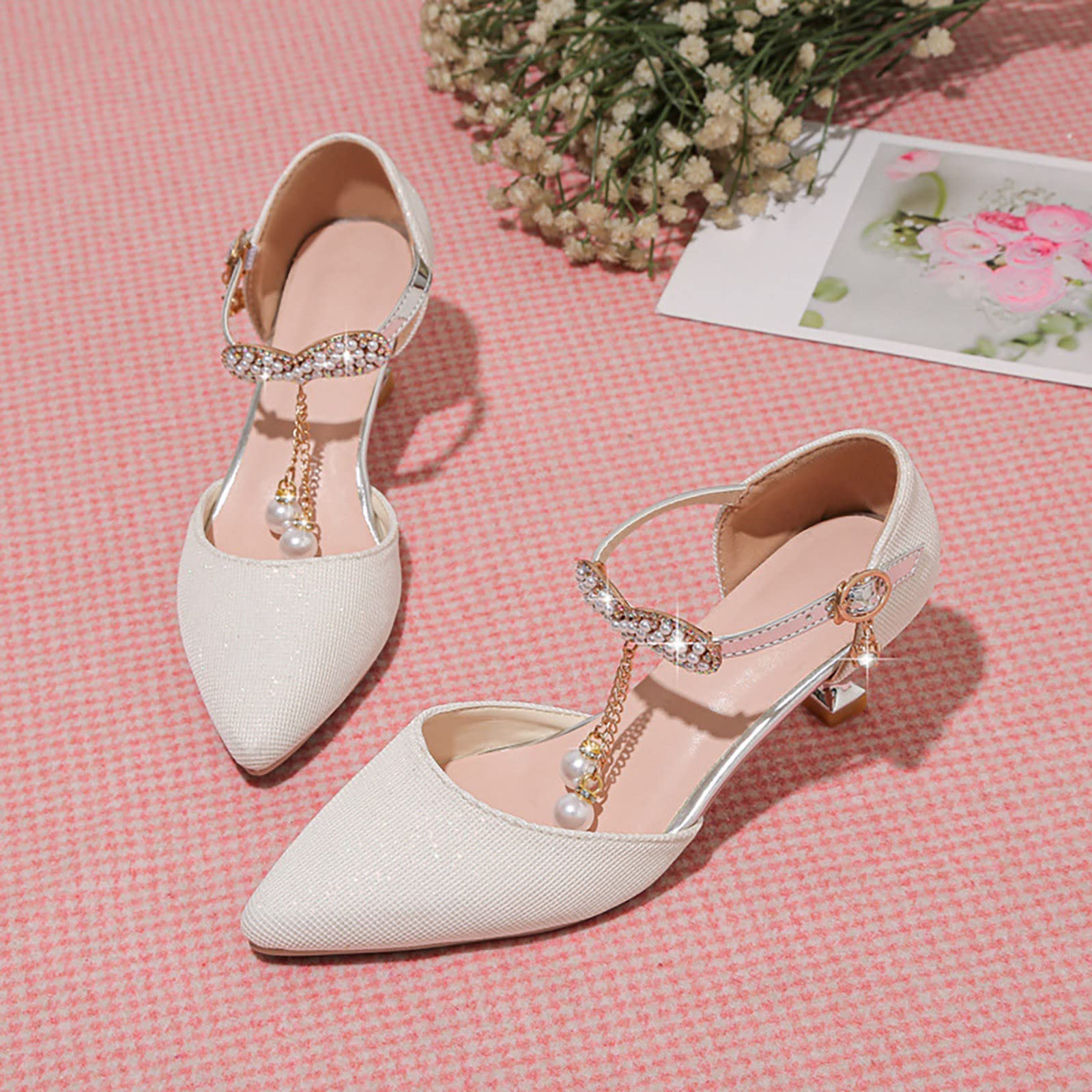 Sandalias para niñas con tacón de gatito con purpurina, puntera puntiaguda, antideslizantes, sandalias de vestir de ajuste ancho, zapatos de princesa, ligeros, correa de tobillo, para boda, novia