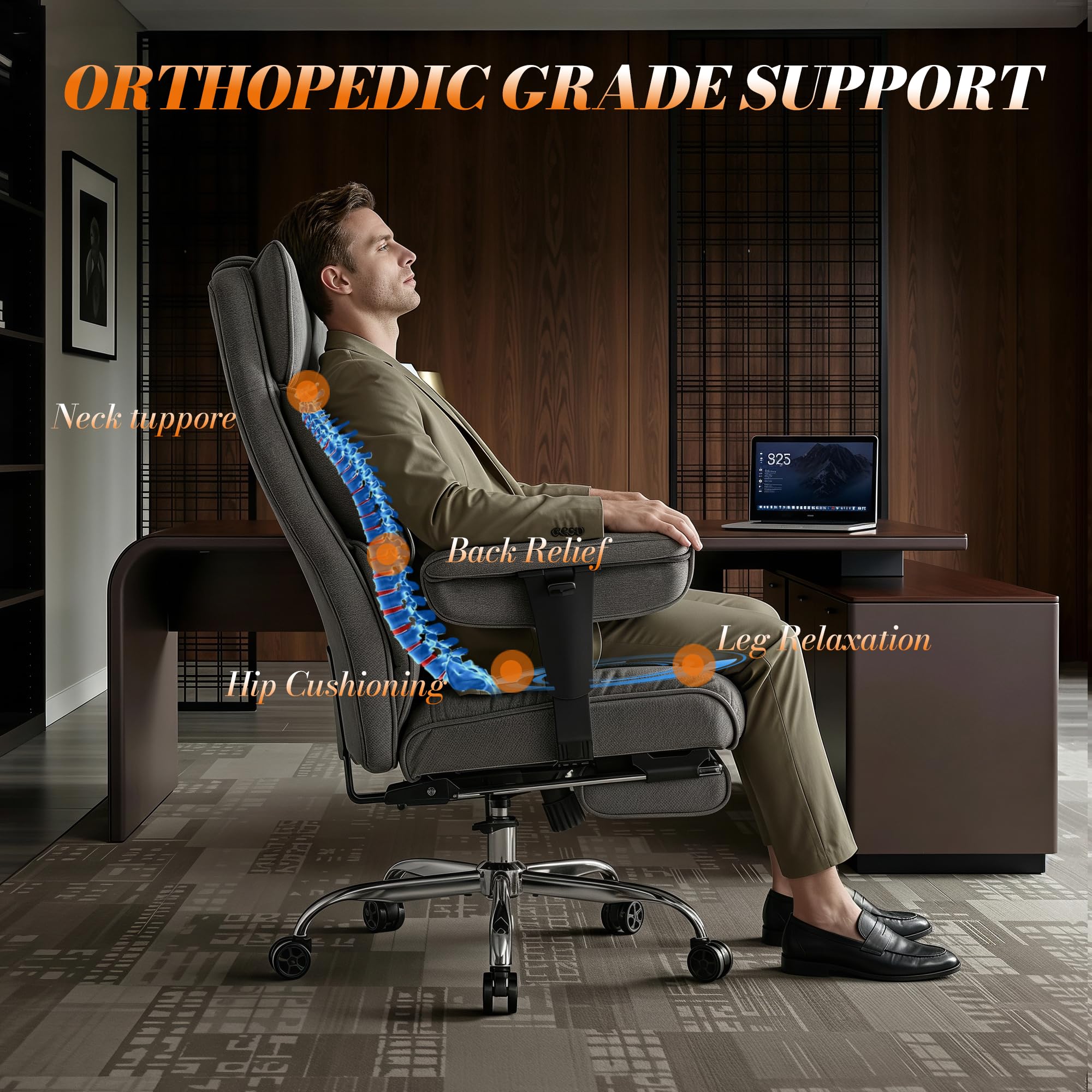 Efomao Chaise de Bureau en Tissu Grande Taille, Fauteuil Ergonomique 200KG, Siège Ordinateur Réglable à Dossier Haut, Chaise Pivotante avec Repose-Pieds et Coussin Lombaire
