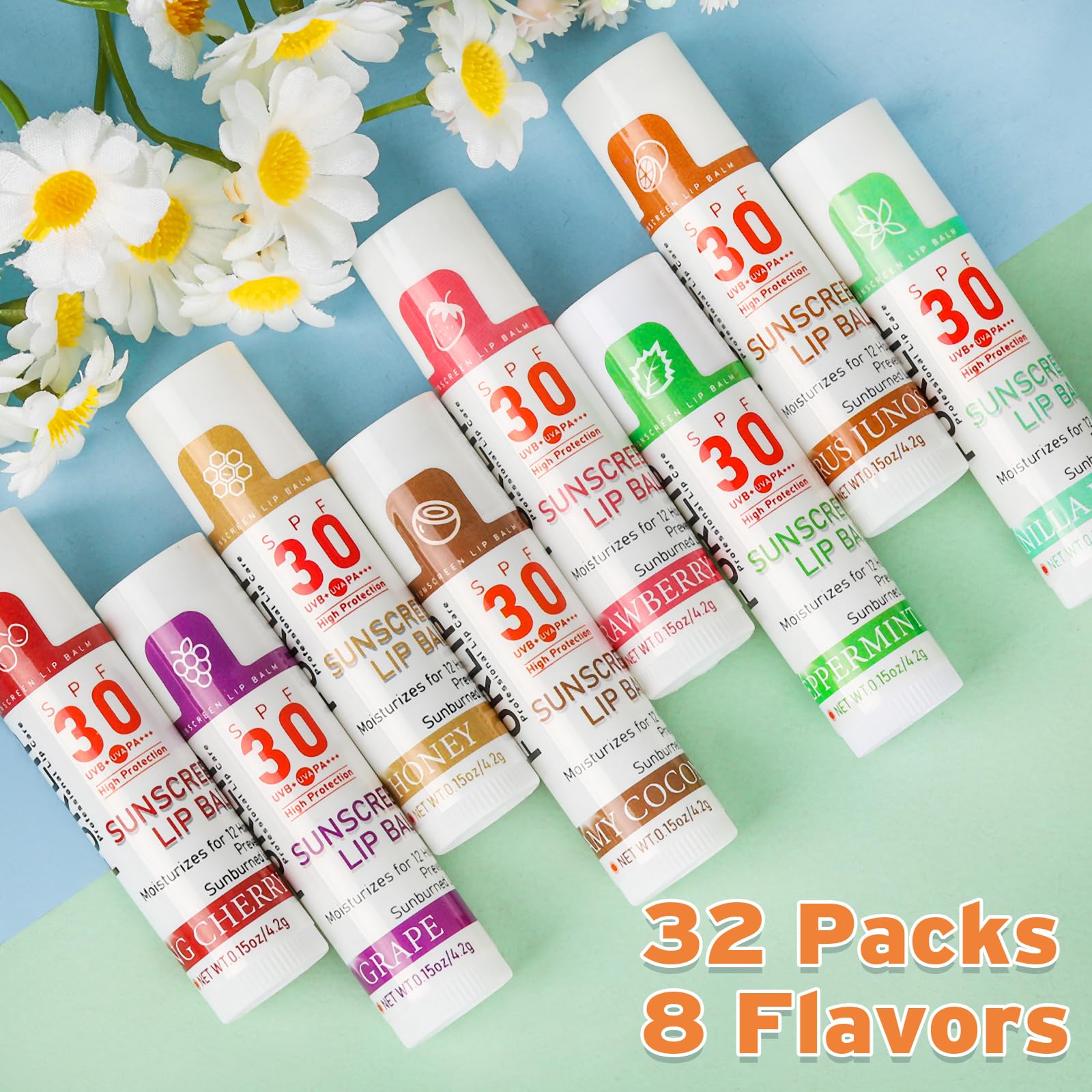 VISRIE Bálsamo labial Spf 30 con protección solar, bálsamo labial Spf Bulk tamaño de viaje, paquete de 32, bálsamo labial hidratante con vitamina E y aceite de coco, 8 sabores