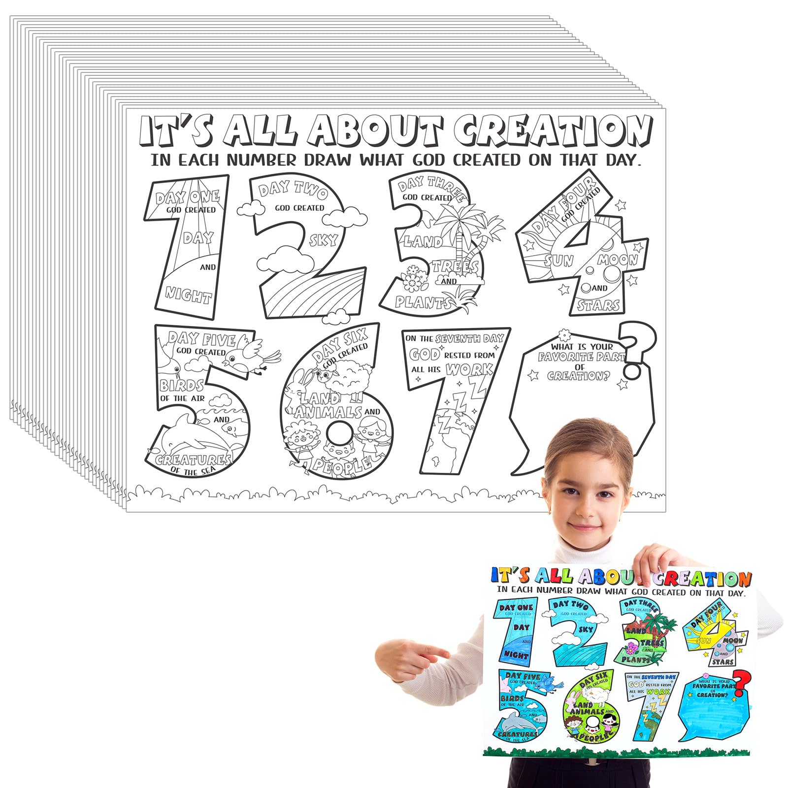 Fuyoooo 36 Pcs Sunday School Crafts for Kids Color Your Own It's All About Creation Posters, Christian Church School Coloring Posters Fun Religious Crafts for Home Christmas Party Activities