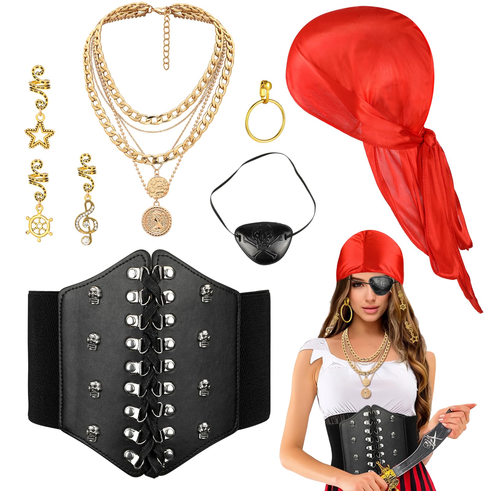 8 Pieces Pirate Accessories Adult Women,Vintage Pirate Necklace Corset Belt Hoop Earrings Pirate Eye Patches Hair Cuffs Pirate Costume Accessories Set for Carnival Halloween Cosplay Pirate Party