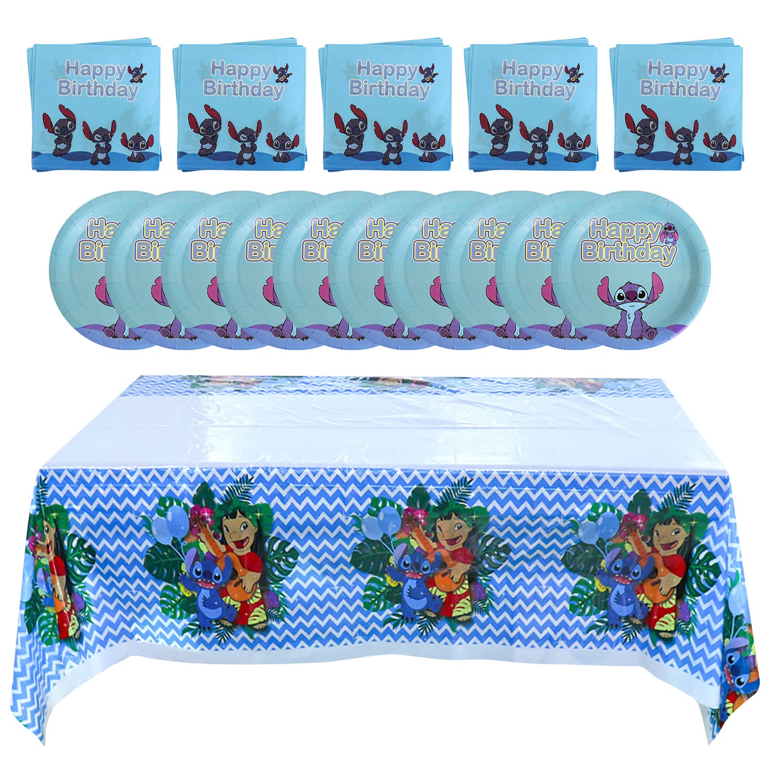 Qemsele Party Tablewear Kit for Kids, 1 Party Table Cover Table cloth + 20 Paper Plates + 20 Napkins Happy Birthday Decorations Supplies Party Favors Gift Theme Carnival (Stitch)