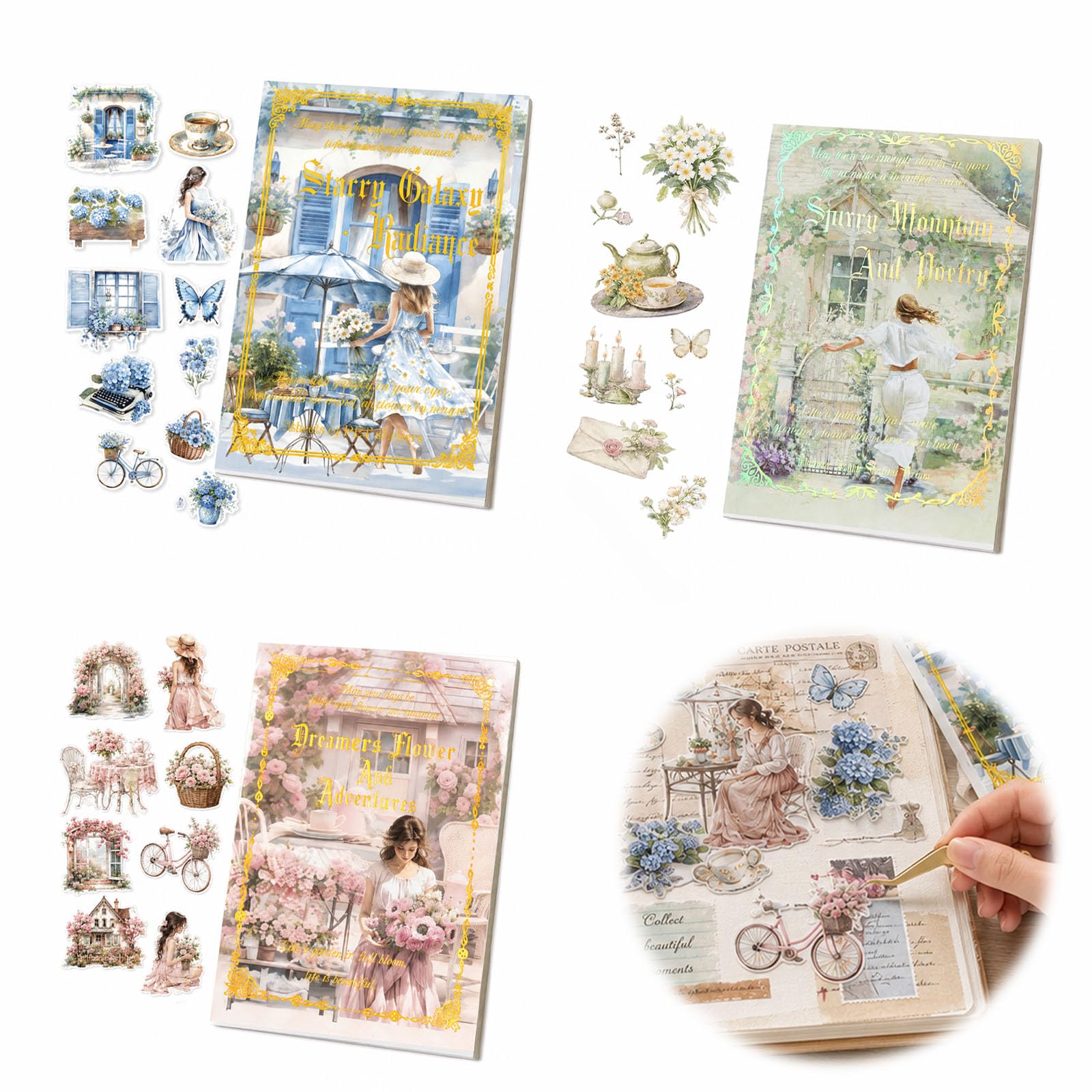 3 PCS Vintage Floral Pet Sticker Book for DIY Crafts