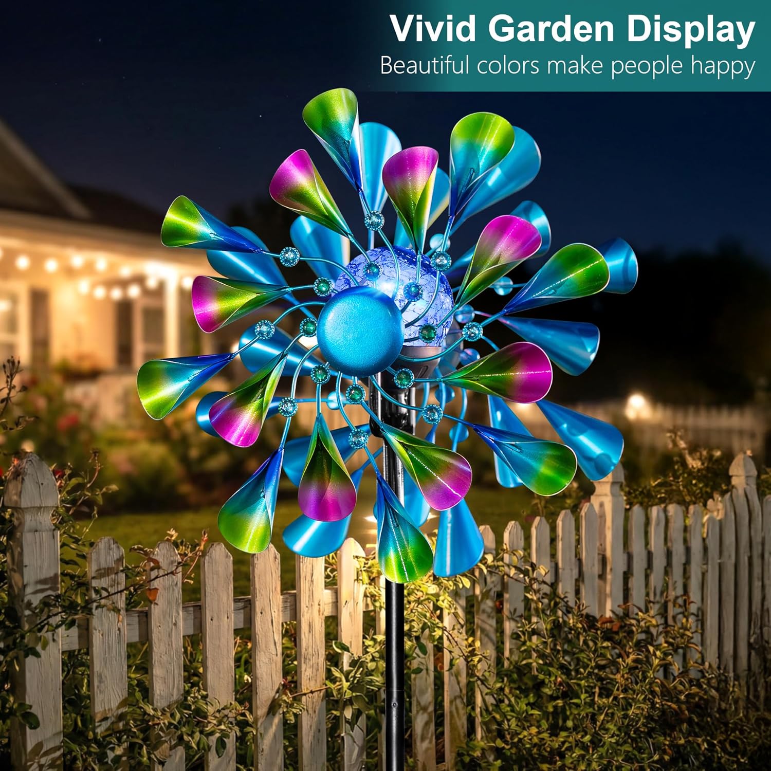 Solar Wind Spinner Outdoor Metal - Peacock Kinetic Garden Sculptures with Color-Changing LED Lights, Waterproof Wind Catchers Yard Art Decor for Patio Lawn, for Women (Green)