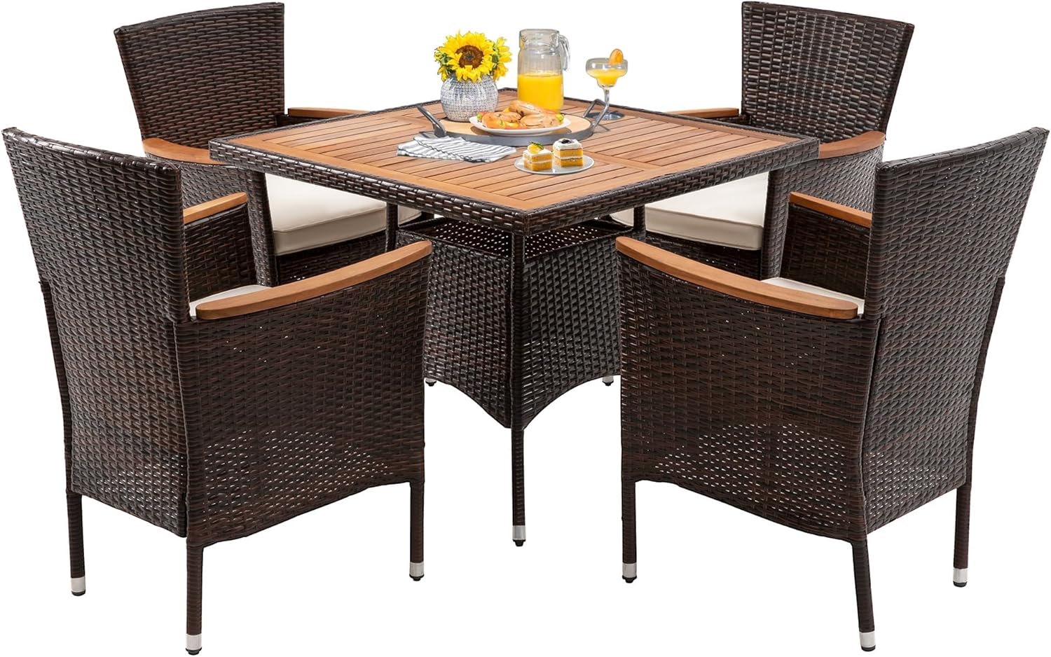 RoyalCraft 5 Piece Patio Wicker Dining Sets for 4, Water-Resistant Rattan Outdoor Dining Table and 4 Chairs with Wood Table Top, Conversation Set Removable Cushions for Deck, Garden, Backyard, Brown