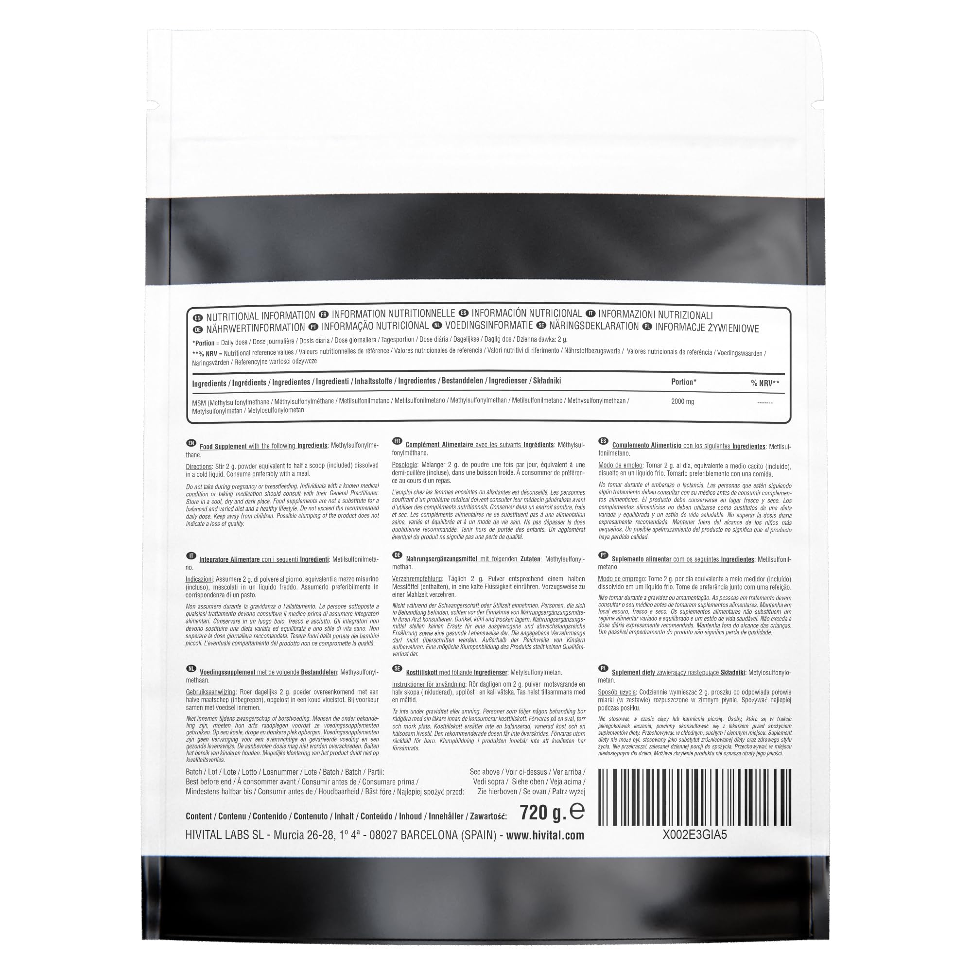 MSM 2000 mg. Paquet de 720 g. pour 1 an de traitement. Méthylsulfonylméthane 100% Végétalien. Pour la santé des articulations, des cartilages, des os, la peau, les cheveux et les ongles. Par HIVITAL