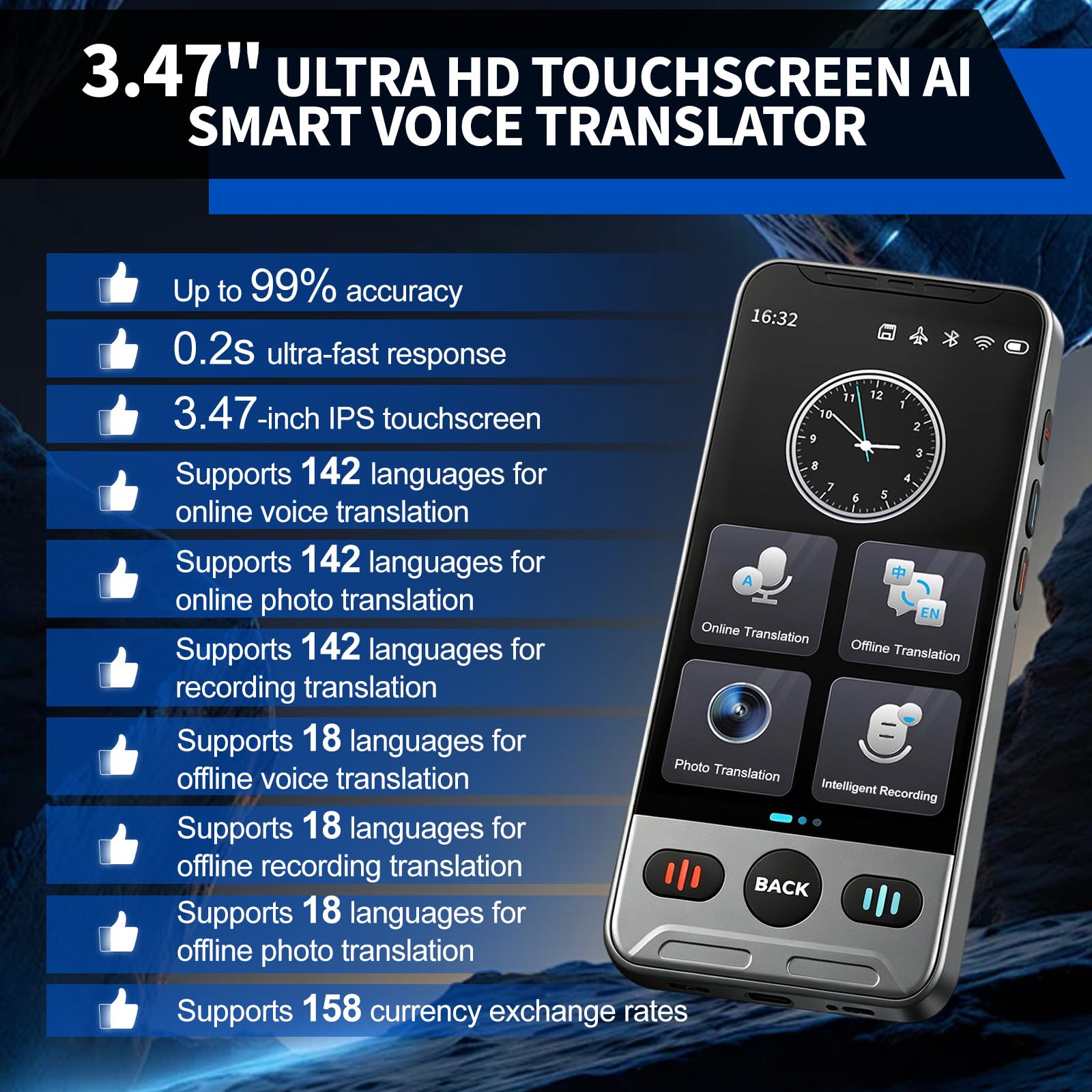 Traduttore vocale con 142 lingue, Bluetooth, Wi-Fi, memoria da 8 GB, touch screen da 3,5", traduzione offline (18 lingue), traduzione fotografica, batteria da 1100 mAh, ideale per i viaggi