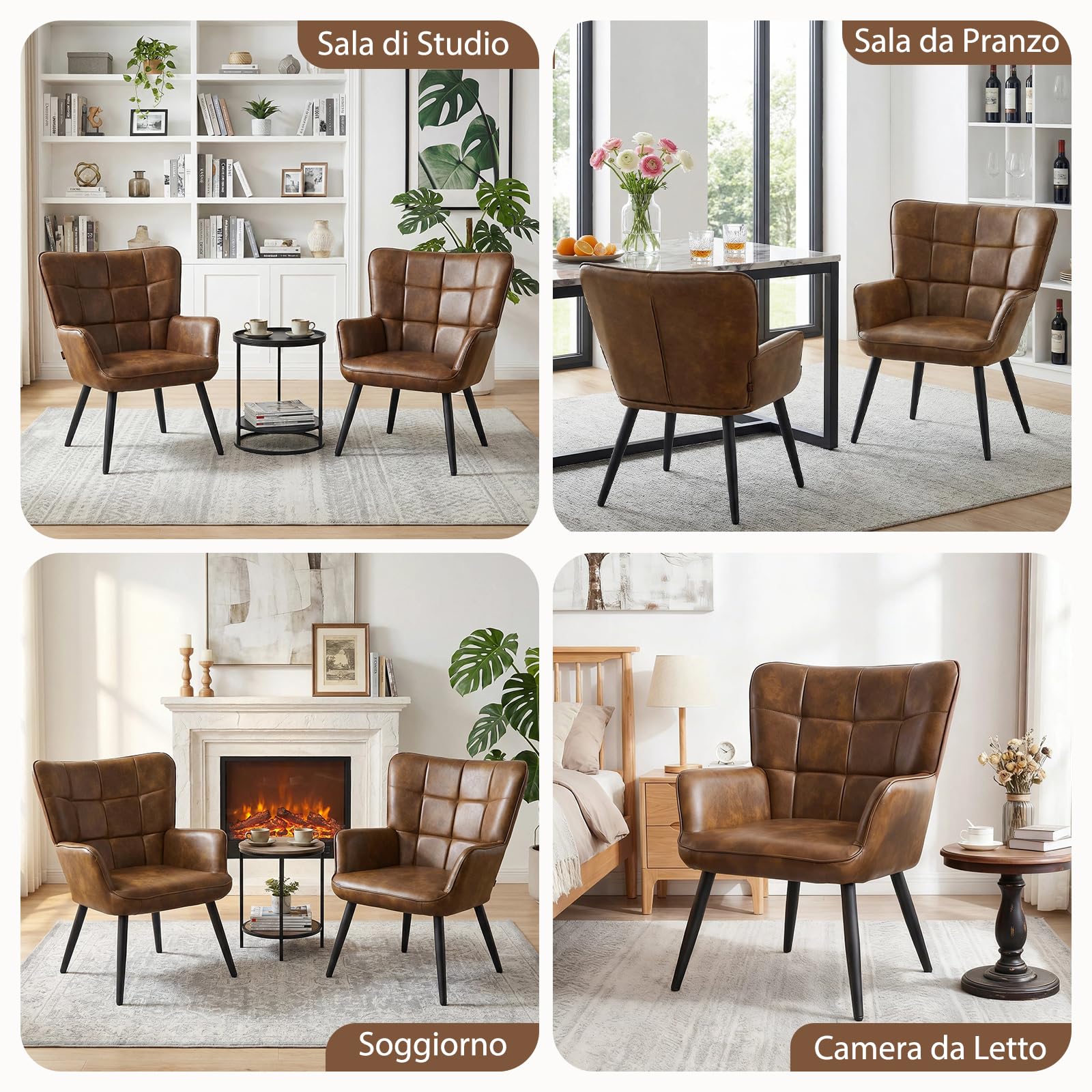 Set di 2 Poltrona Salotto Scandinava, Poltrona Camera da Letto in Finta Pelle, Poltroncina Imbottita Sedie Sala da Pranzo con Braccioli per Soggiorno Camera da Letto Sale da Pranzo, Marrone