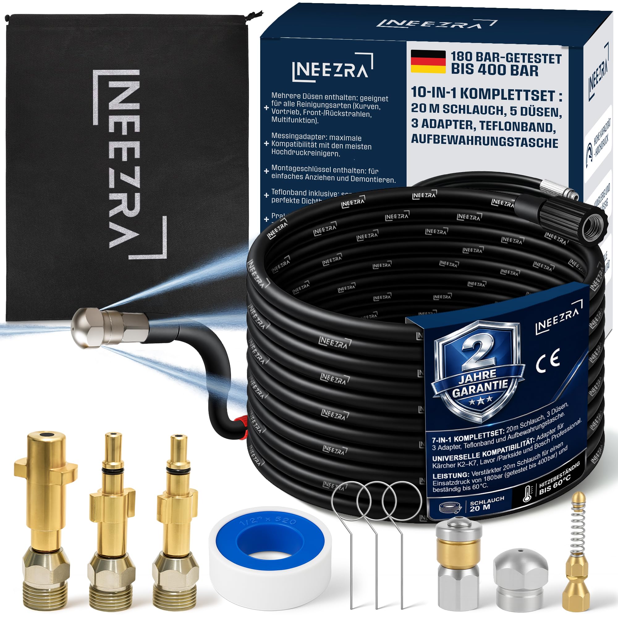 7-in-1 Abflussreiniger-Set 20 m – Rohrreinigungsschlauch mit 3 rotierenden Düsen, 3 Messing-Adapter kompatibel mit Kärcher/Lavor/Bosch, Teflonband, 400 bar / 60 °C