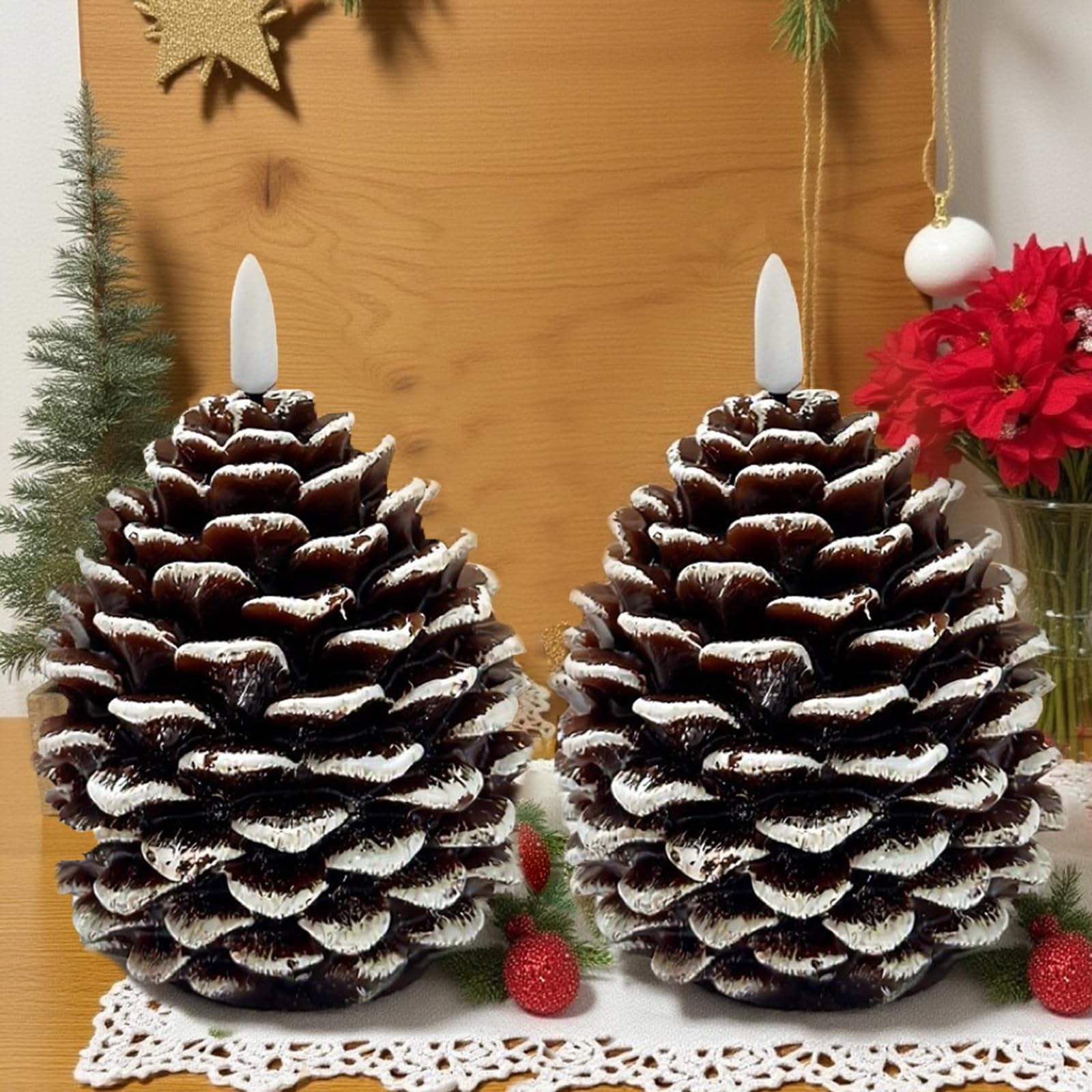 Flameless Pinecone Candles, Large Christmas Pinecone Candles, Flickering Real Wax Pine Cone Candle, Battery Operated Flameless LED Pine Cone Candle for Fall Christmas Holiday Indoor Decoration (2PCS)