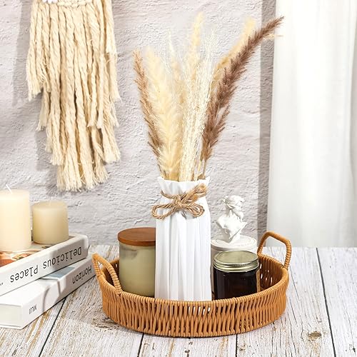 Miniatura 7 de Bandeja de servir tejida de 3 piezas con asas cesta redonda para servir pan bandeja de mimbre de polietileno bandeja de frutas decorativa de ratán