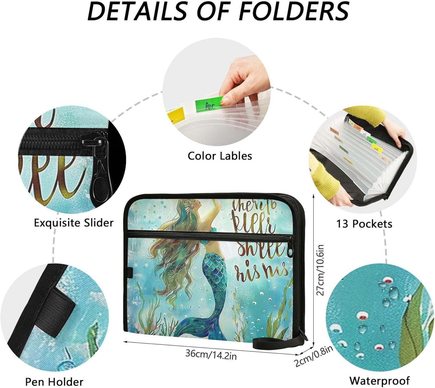 Mermaid Tail Scale Expanding File Folder with Sticky Labels 13 Pocket Pink Princess Accordion File Folder Document Organizer with Zipper Closure Letter A4 Paper Document Folder for Kids School Girls