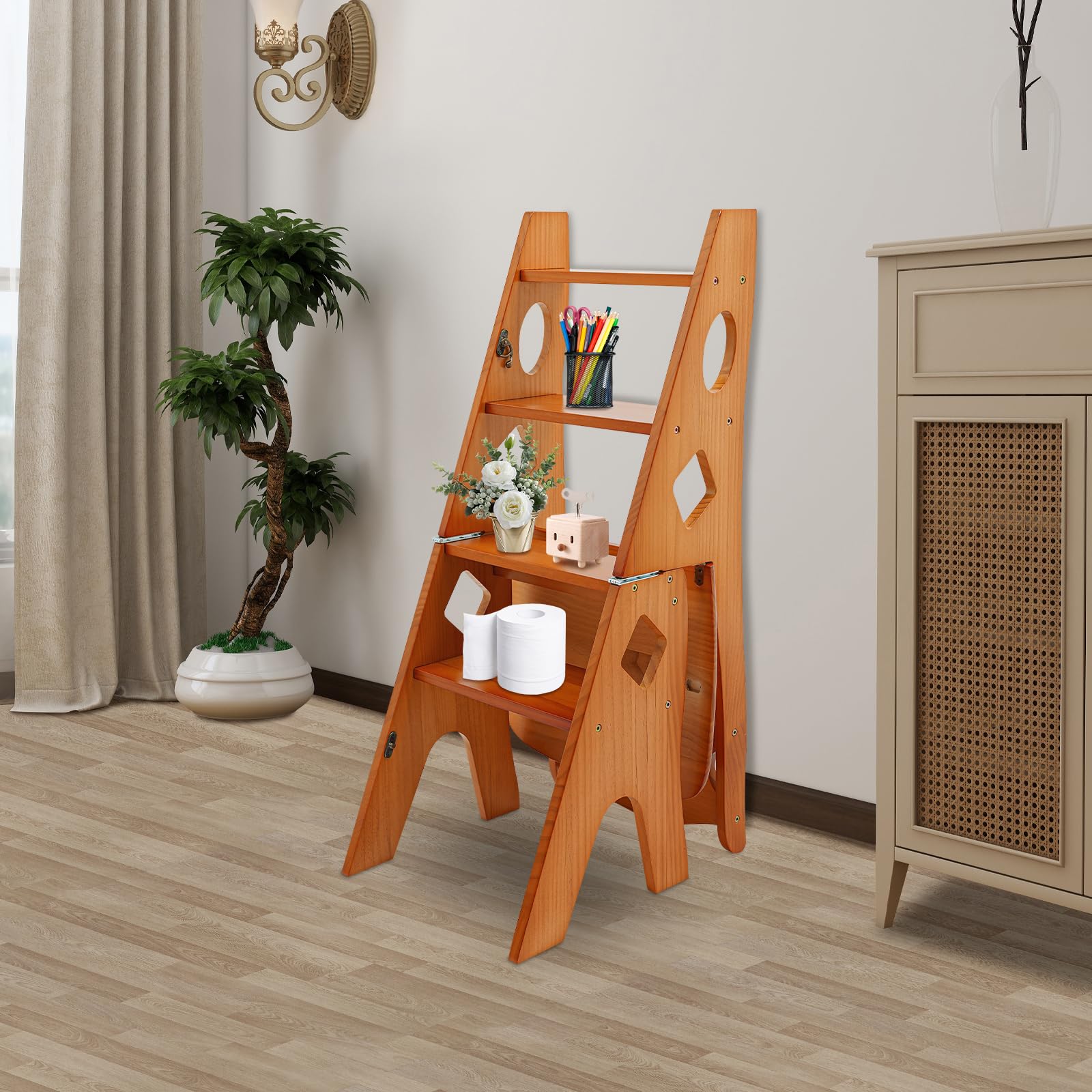 Sgabello pieghevole a 4 livelli, in legno, trasformabile, scaletta e sedia per scale, multifunzione, portata 100 kg, utilizzato per interni ed esterni (caramello)