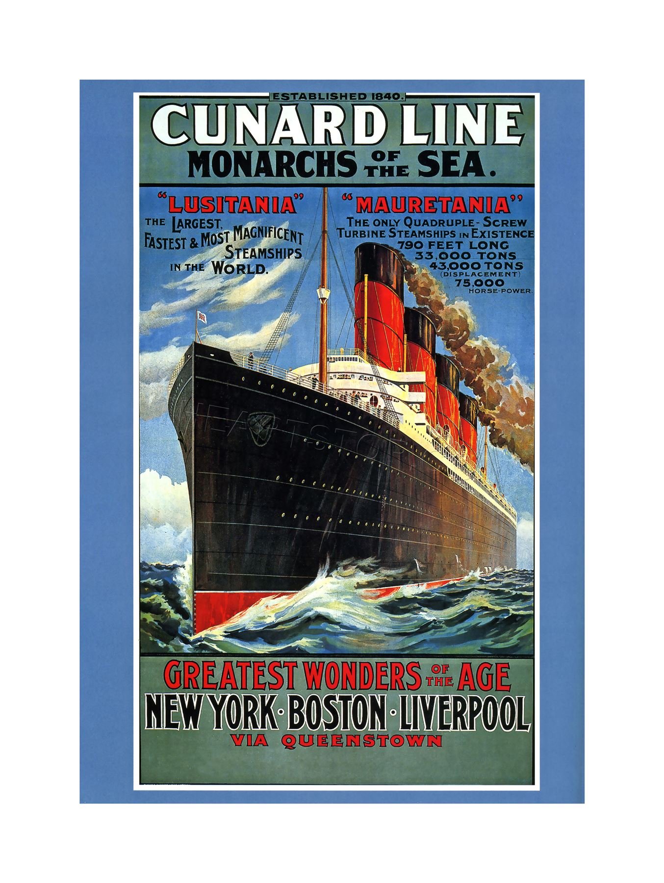 Wee Blue Coo Travel Lusitania Mauretania Cruise Liner Ship Boat Funnel Wall Art Print