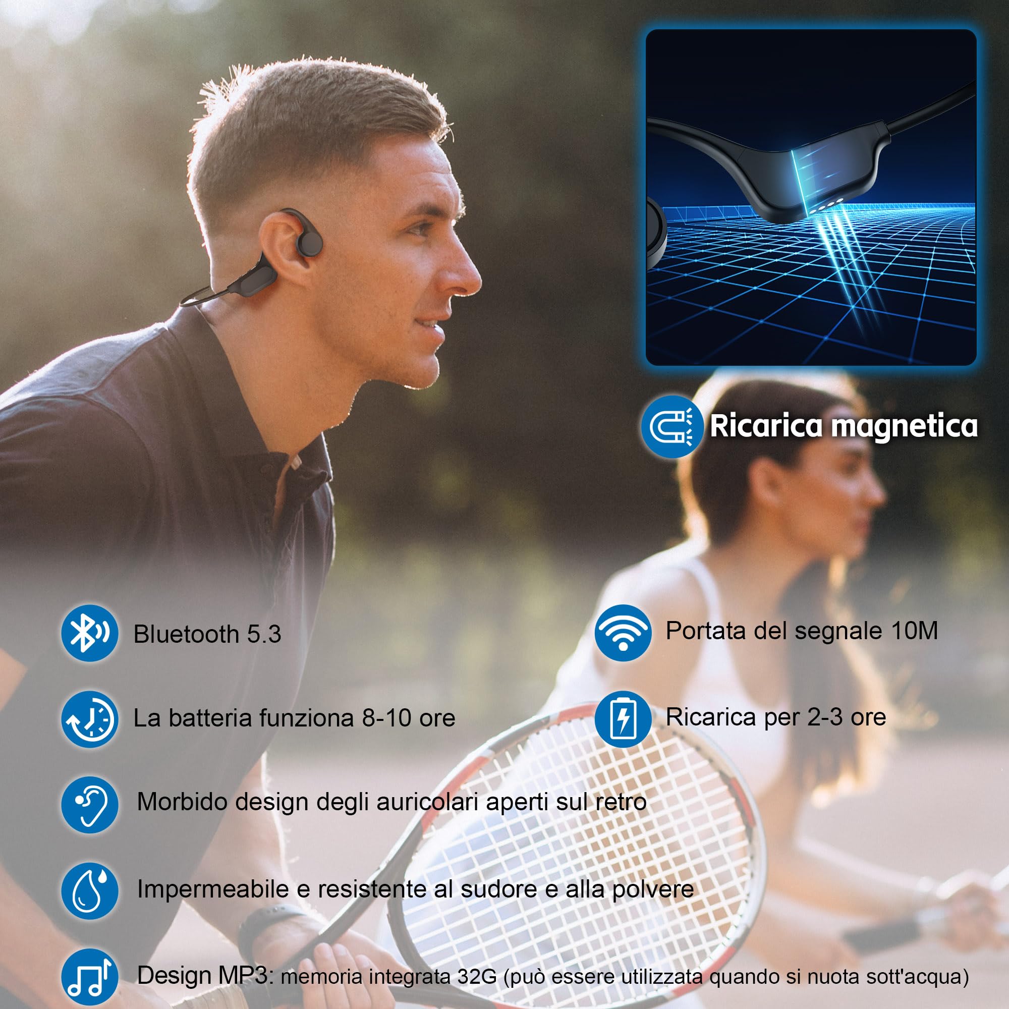 sunvito Cuffie Conduzione Ossea, Auricolari Nuoto Impermeabili IP68, Cuffie Aperte Wireless Bluetooth 5.3, Memoria 32G Integrata per Esercizio all'Aperto, Corsa, Viaggi, Ciclismo, Nuoto