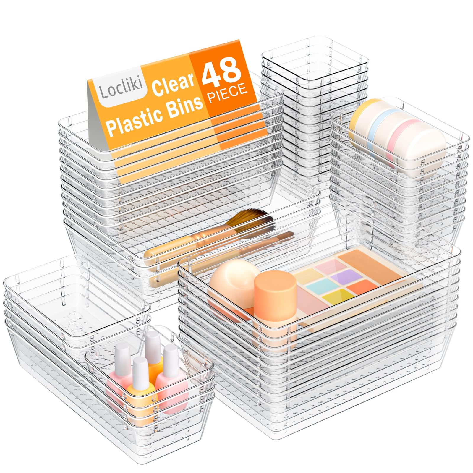 Locliki 48 PCS Clear Plastic Drawer Organizers, 4 Varied Size Versatile Dresser Drawer Organizer Trays, Drawer Storage Bins for Makeup, Utensils, Jewelry, Office