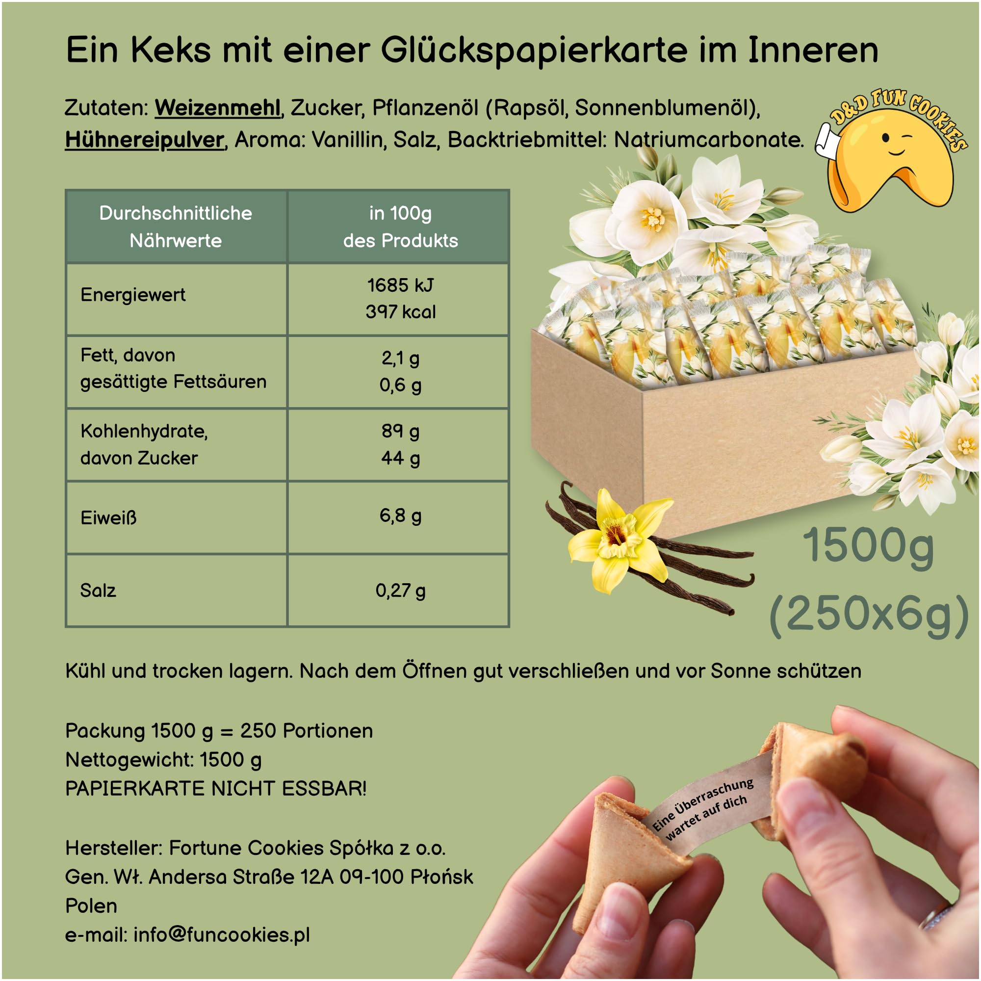250 Stück Glückskekse Schön dass du da bist - Einzeln Verpackt, Komplimente im Inneren, Sprüche auf Deutsch & Englisch, Vanille Geschmack, Kommunion & Taufe, Gastgeschenke Hochzeit
