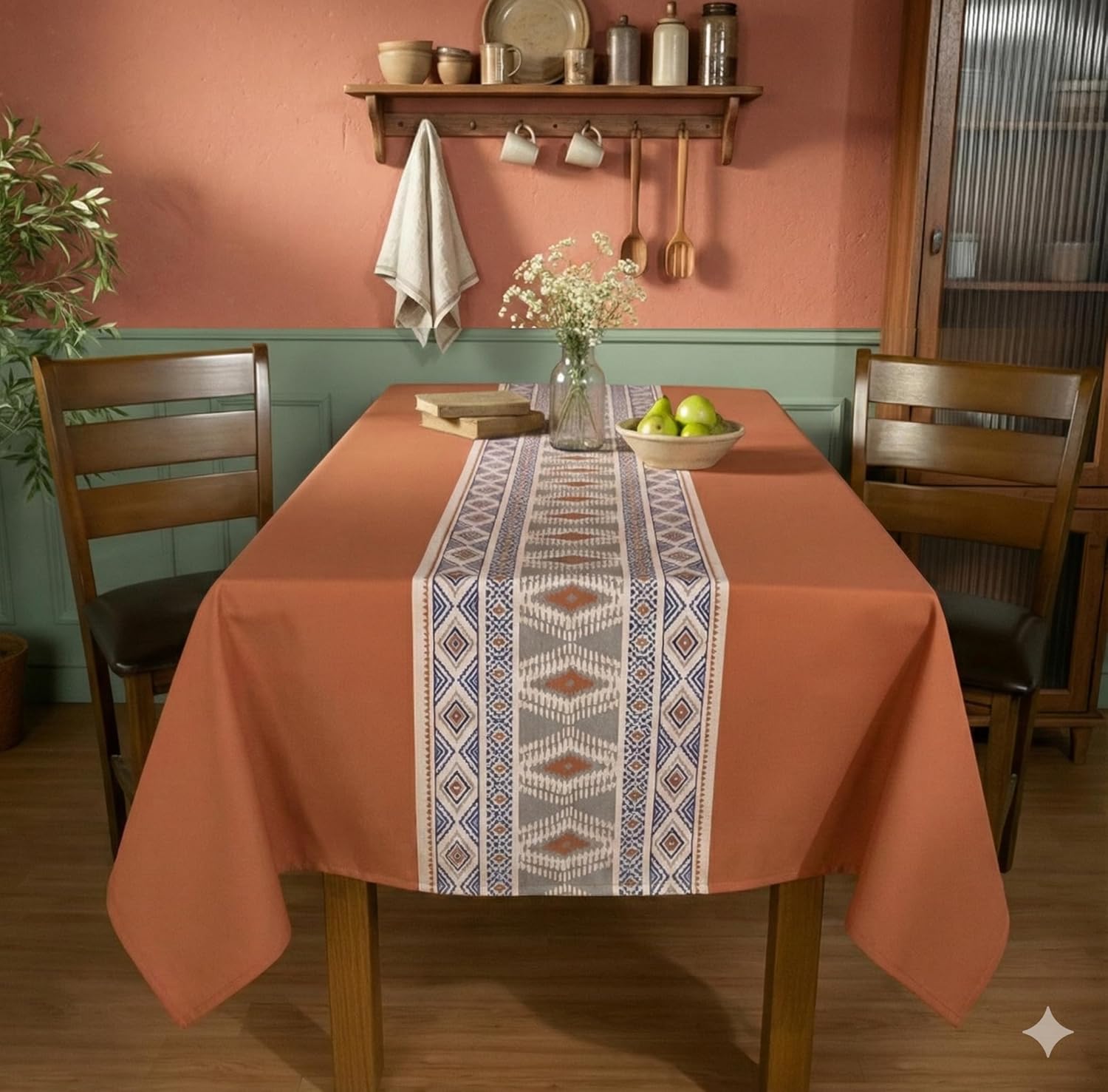 Printed Cotton Tablecloth 60 x 90 Inch Rectangle – Washable & Colorfast Table Cover for Dining Room, Farmhouse, Kitchen, Home, Party & Wedding Décor - Terracota Trails