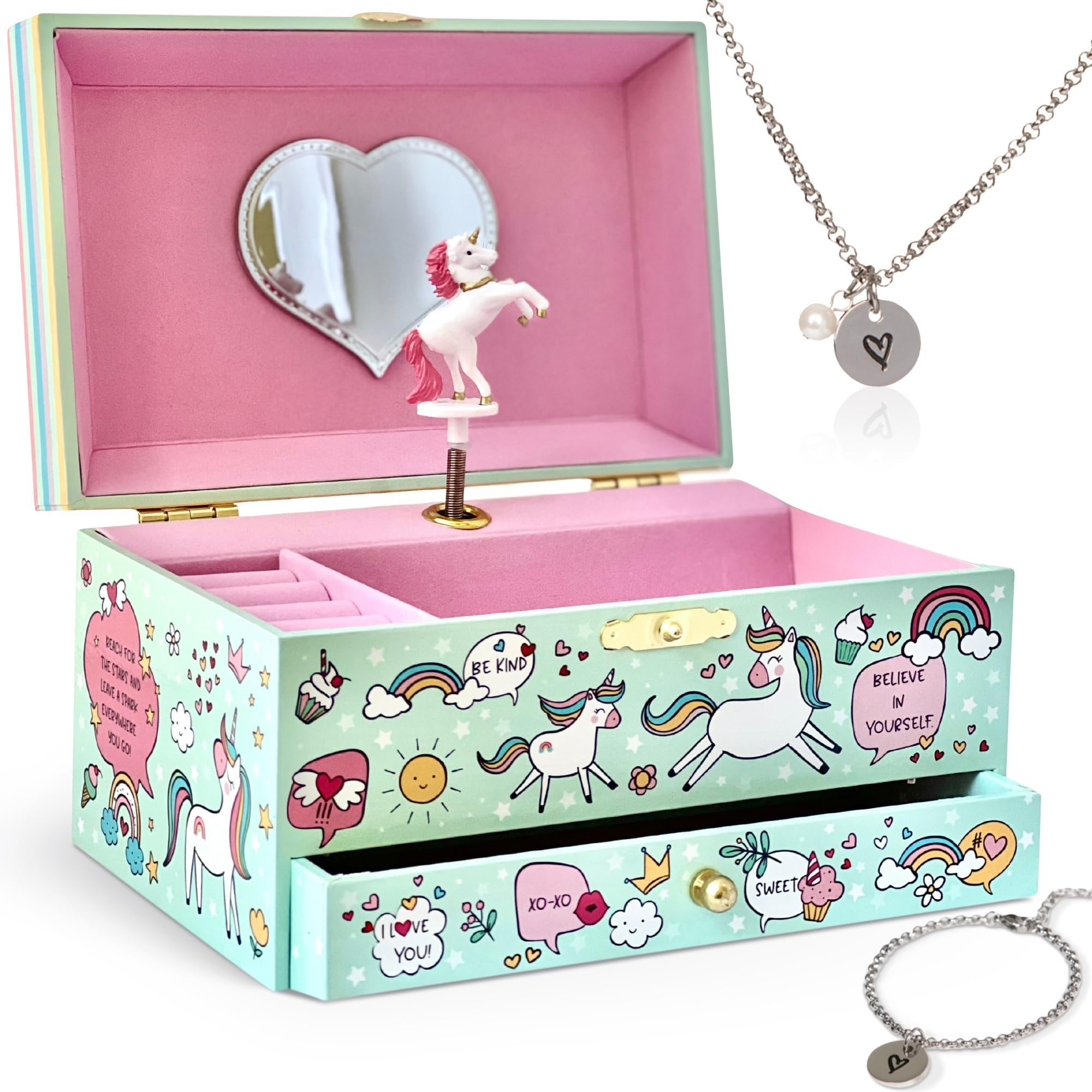 Musical Unicorn Jewelry Box for Girls - Glow in the Dark Kids Organizer Plays You Are My Sunshine with Necklace and Bracelet Set - Unicorn Gifts
