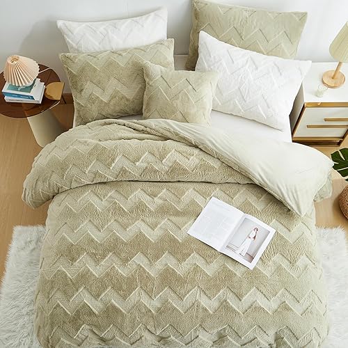 Miniatura 4 de Sedefen Juego de funda de edredón mullida de lujo, tamaño Queen, 3 piezas, de piel sintética, súper suave, verde, bohemio, patrón geométrico, de