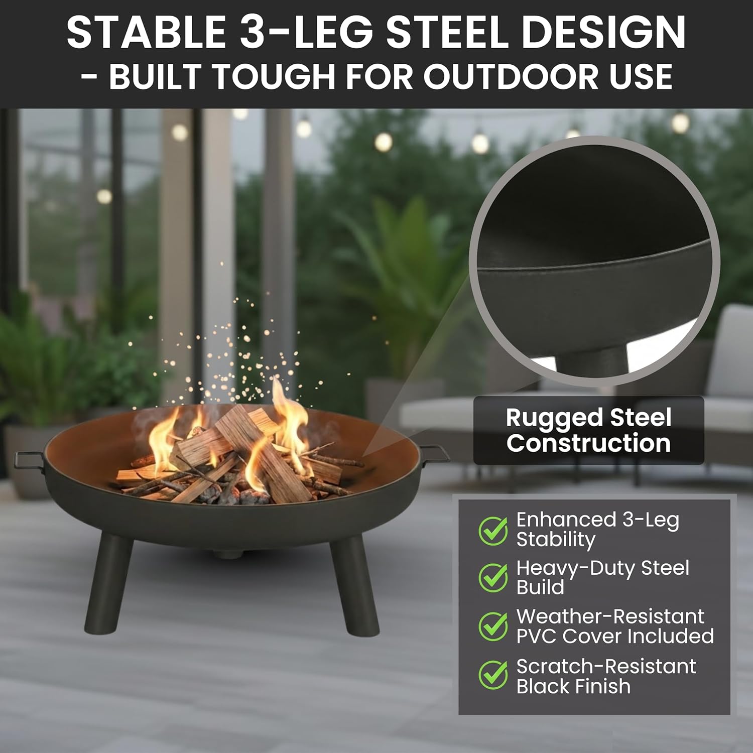 Fire Pit - 27.5-Inch Outdoor Wood Burning Firepit with Handles and Cover - Outdoor Fire Pits for Backyard, Deck, or Patio by Pure Garden (Black)