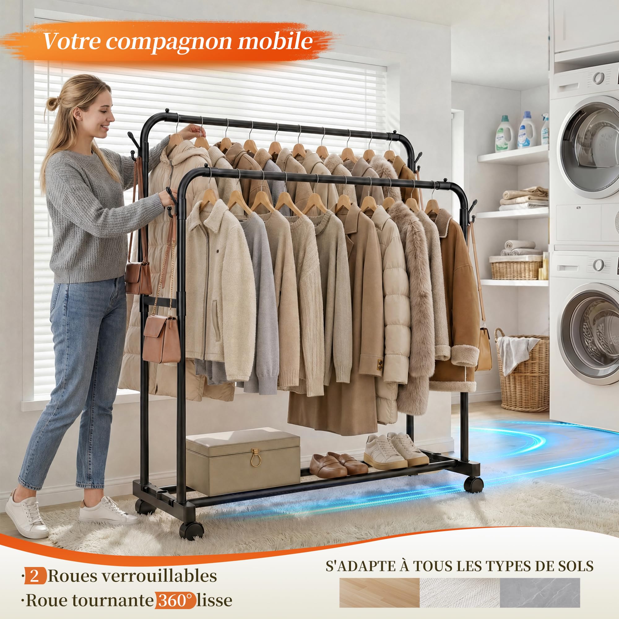 Portant Vetement Solide à Roulettes avec 4 Crochets & Anti-dérapant, Portant à Vêtements Double Tringle, Porte-vêtements Penderie Vetement Dressing pour Pulls, Manteaux, Chemises, Charge 75 kg