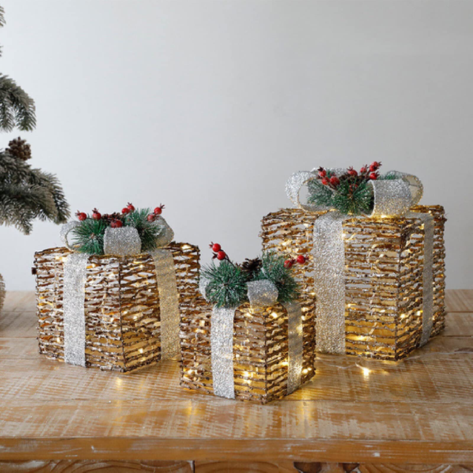 Cajas de regalo para Navidad, Juego de 3 cajas iluminadas con lazos, arte del hierro LED, decoración iluminada de ratán, cajas iluminadas for regalos al aire libre for decoraciones navideñas en el hog
