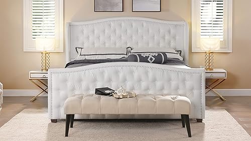 Miniatura 4 de Jennifer Taylor Home Marcella - Cama con respaldo copetudo y orejero, King, blanco brillante Poliéster blanco brillante,Terciopelo de rendimiento