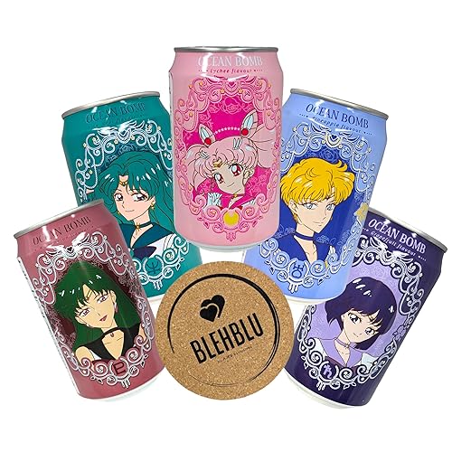 Ocean Bomb Agua carbonatada Sailor Moon Scouts Anime Coleccionable Can Drink Chibimoon Urano Neptuno Saturno Plutón con 1 Posavasos Blehblu