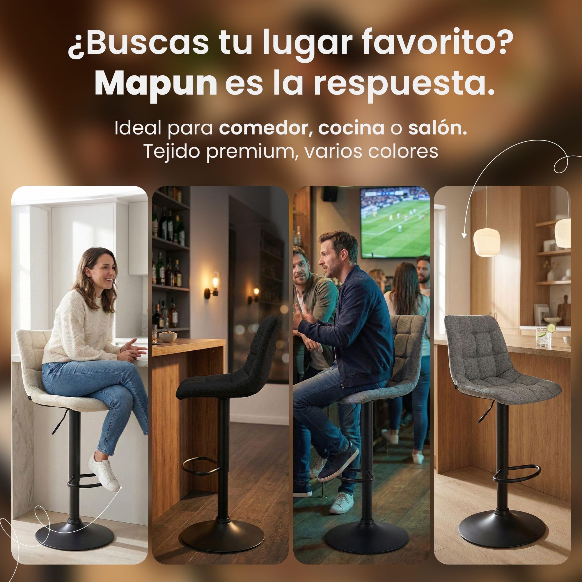 CLP Taburete de Bar Mapun, Silla de Bar Regulable en Altura y giratoria 360 Grados, Acolchada, con Estructura Metalica para Cocina, Color:Gris Oscuro, Material:Tela