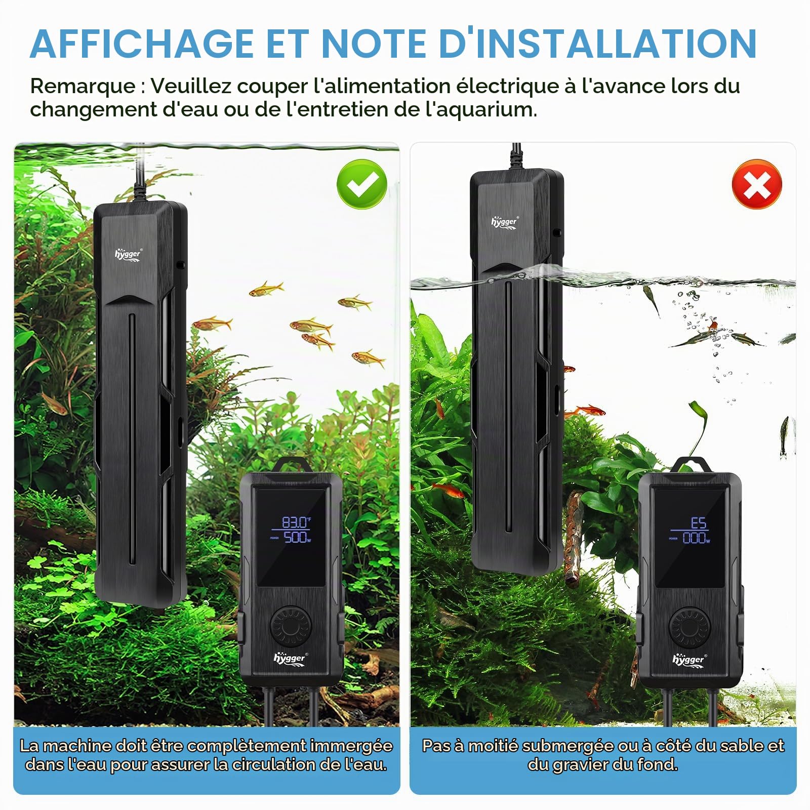 hygger Chauffage Aquarium Thermoplongeur Chauffe Eau,500W Submersible Chauffage pour Aquarium Température Réglable avec Contrôleur d'affichage Numérique LED