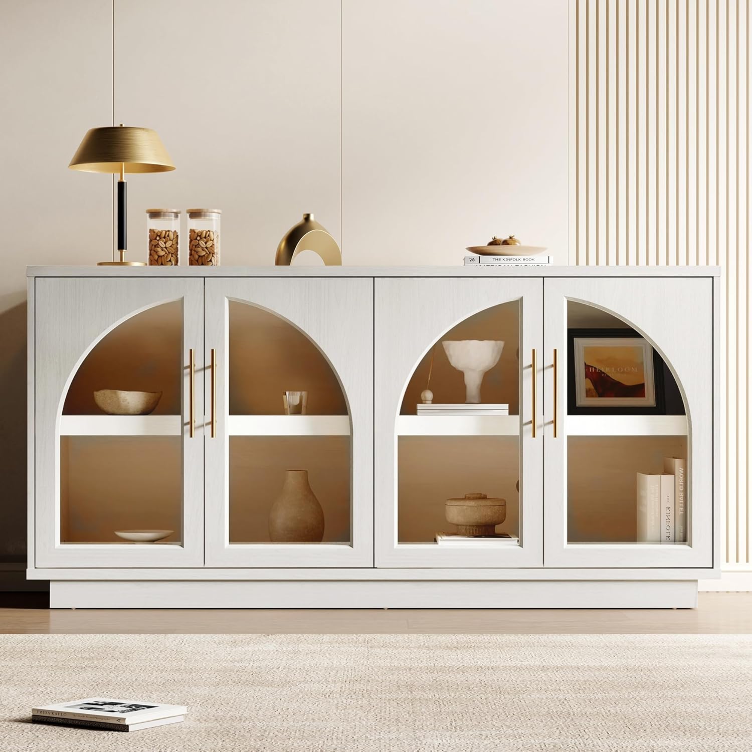 Fatmok 59" Buffet Cabinet with Glass Doors, Modern Arched Sideboard with Large Storage and Adjustable Shelves, Accent Console Credenza for Dining Room, Living Room, Entryway, White Wood Grain