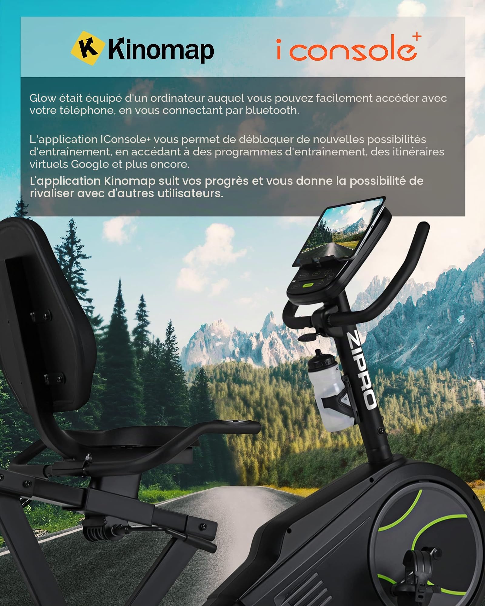 Zipro Vélo d'appartement Iconsole+ Glow, Ergomètre Fitness, Vélo d'appartement magnétique, Ergomètre jusqu'à 150 kg, Vélo d'intérieur, Vélo d'entraînement à domicile, Vélo ergomètre filaire
