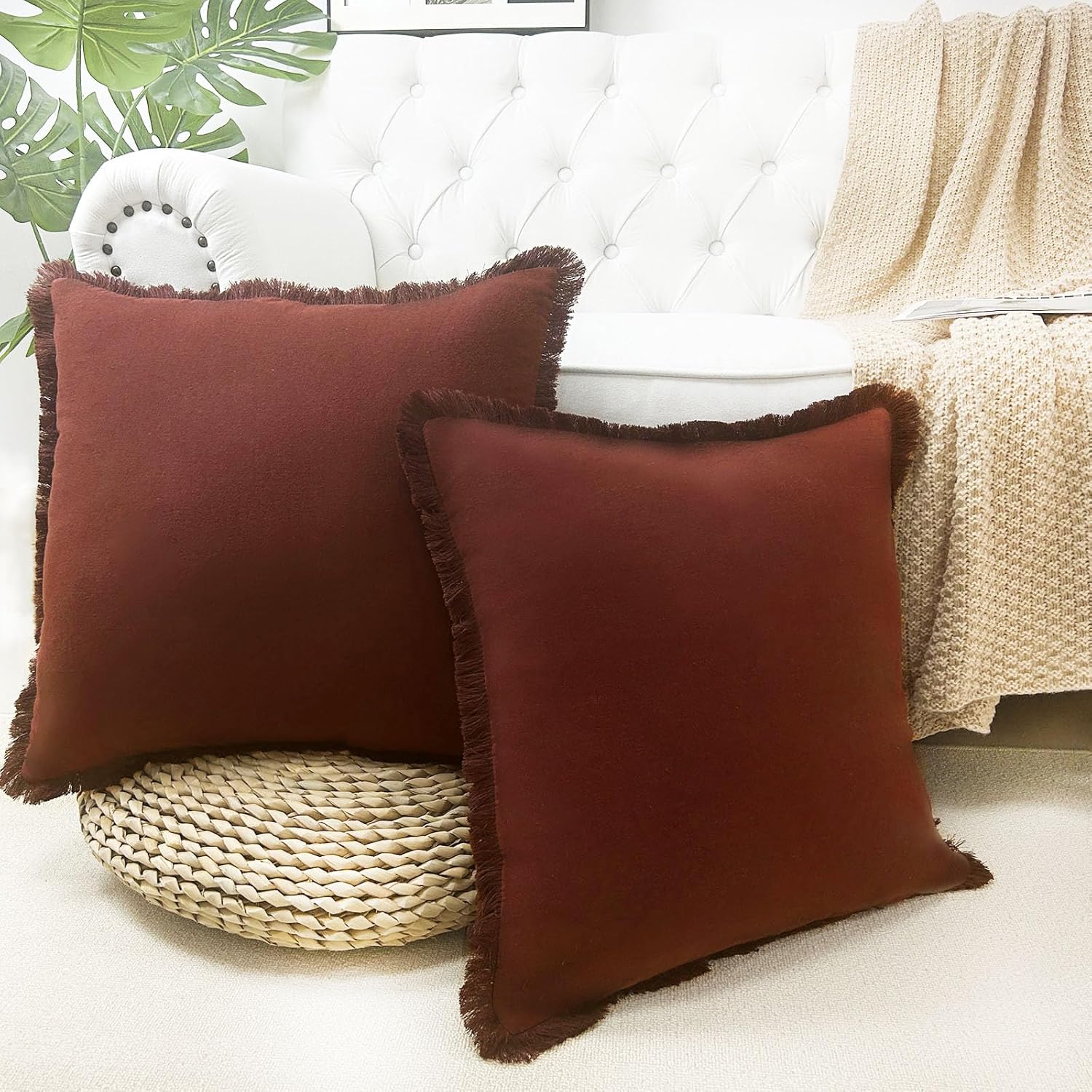 Brown Decorative Throw Pillow Covers 18x18 Set of 2, Modern Farmhouse Pillows Cover with Fringe Tassels Soft Cotton Neutral Pillow Covers Solid Square Cushion Case for Couch Sofa Bed Boho Decor