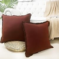 Vista 2 de Juego de 2 fundas de almohada decorativas marrones de 18 x 18 pulgadas, fundas de almohada modernas de granja con borlas de flecos, suaves