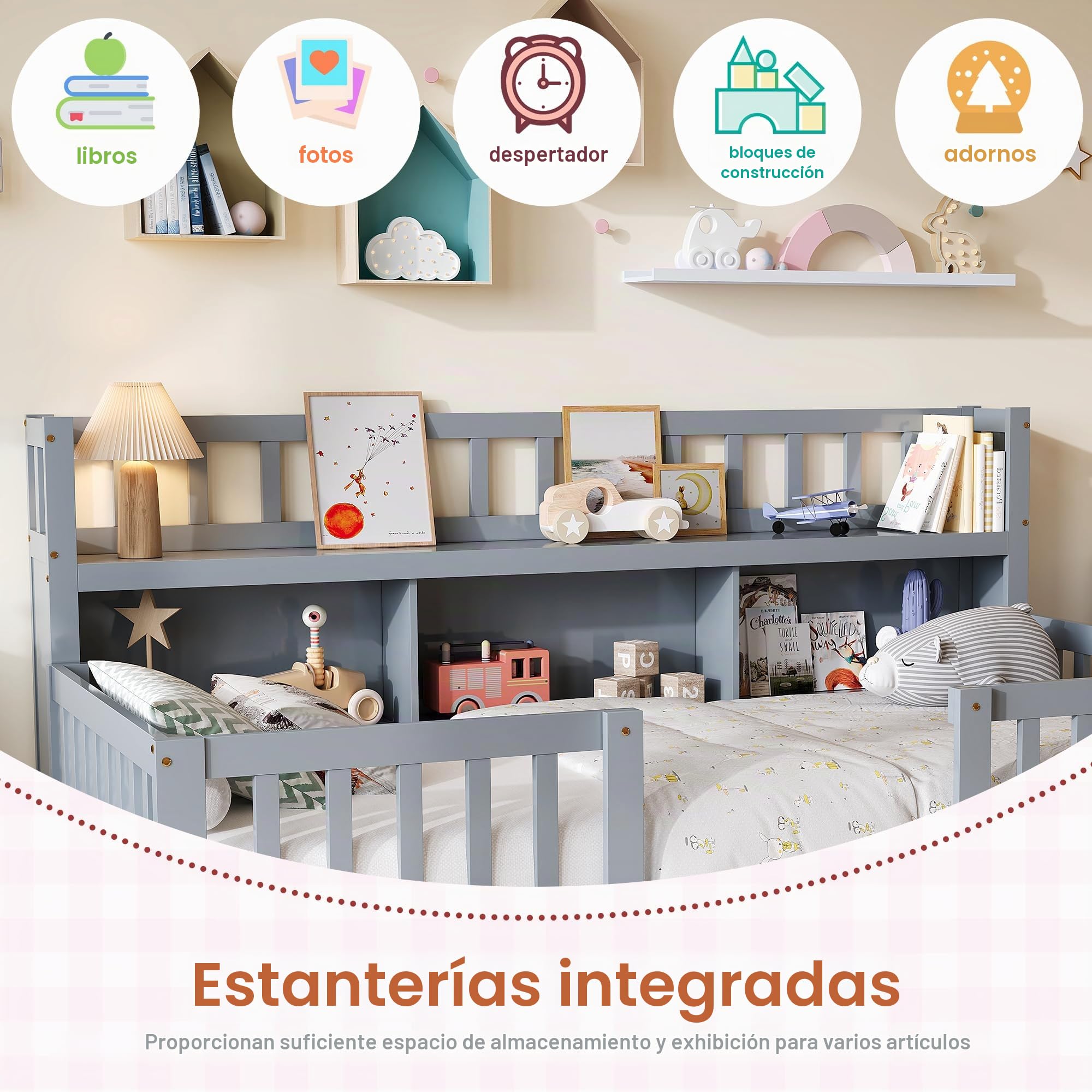 Cama de bebé 90 x 200 con protección, cama infantil Montessori, cama infantil de 90 x 200 página con 2 estanterías, estructura de cama moderna, barrera de madera, cama individual, sin colchón