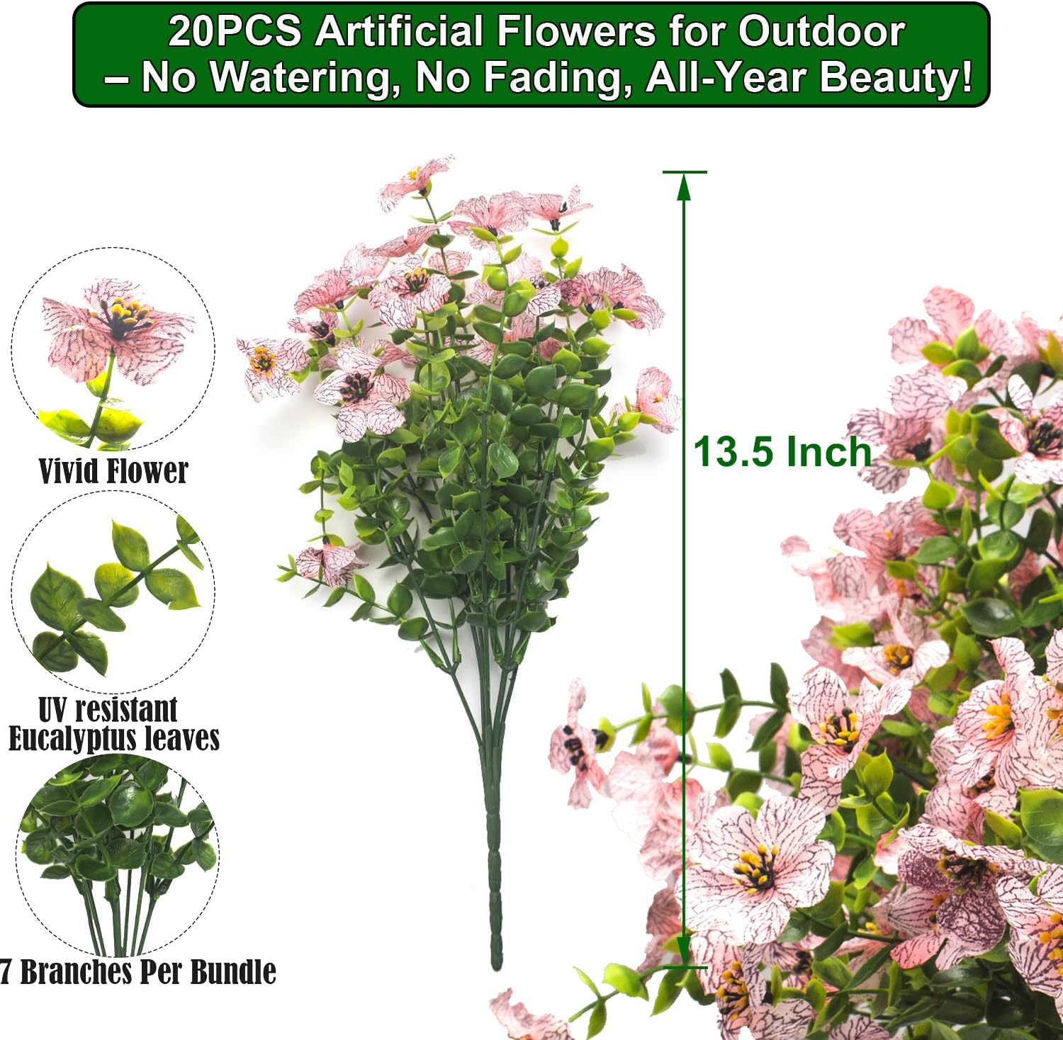 20 bundles artificial flowers for outdoors, uv resistant fake plants flowers greenery shrubs plants for decoration outside plants hanging planter home garden decor (pink)