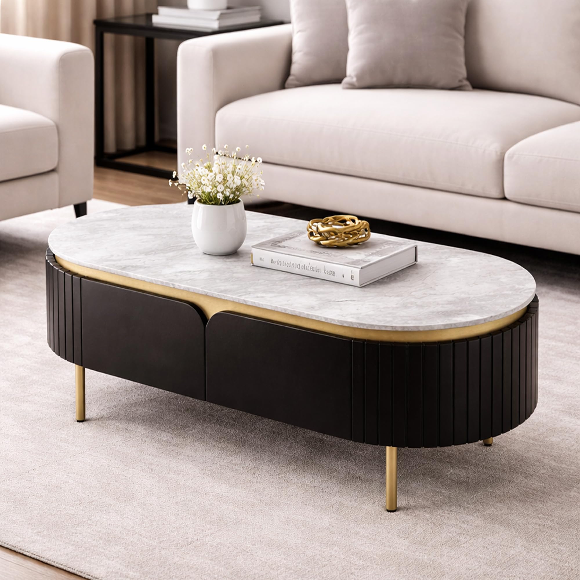 The Attic Carlston Coffee Table for Living Room, Solid Wood Centre Table with Ceramic Top, Black Matte Finish, Oval Shape with Gold Accent