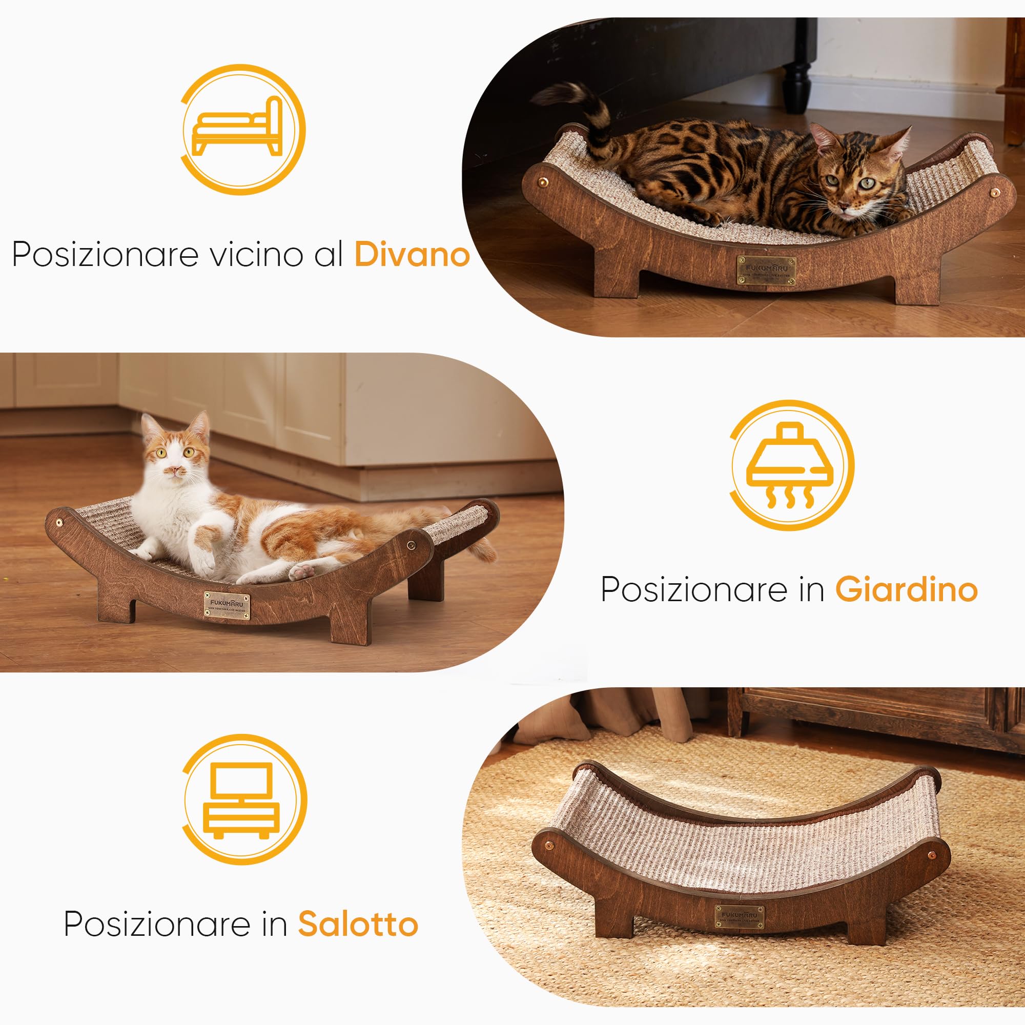 FUKUMARU Cuccia Tiragraffi in Sisal per Gatti, 60cm Letto Tiragraffi Resistente per Gatti da Interno, Amaca in Sisal Naturale 100%, Struttura in Legno Massello per Dormire e Farsi le Unghie (Noce)