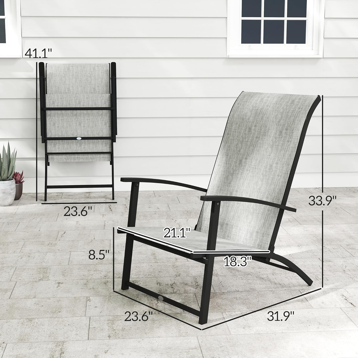 Outsunny Folding Patio Chairs Set of 2, Portable Outdoor Dining Chairs with High Back and Armrests, Breathable Mesh Fabric Seat, Metal Frame Patio Chair Set for Porch, Lawn, Camping, Gray