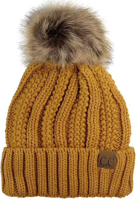 C.C Thick Cable Knit Faux Fuzzy Fur Pom Fleece Lined Skull Cap Cuff Beanie, Mustard, One size: Buy Online at Best Price in UAE