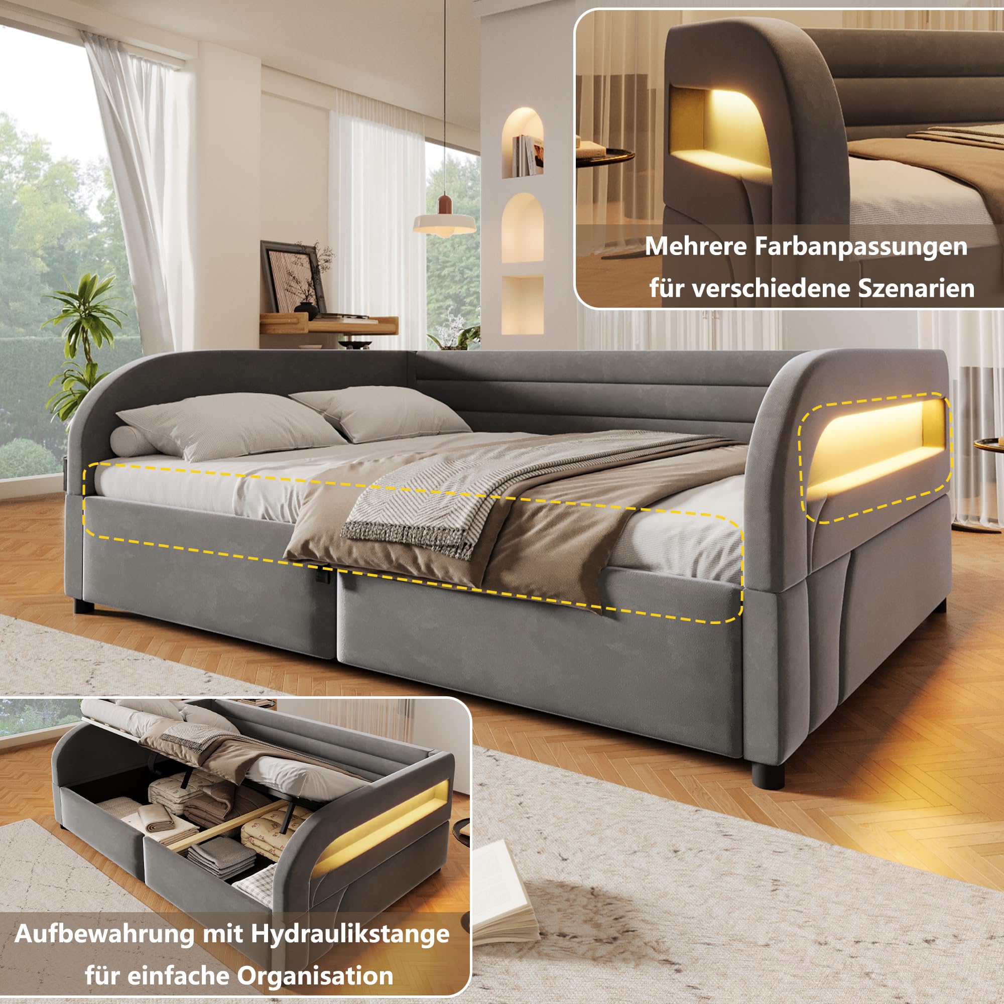 Divano Letto Imbottito 140x200 con Contenitore Idraulico e illuminazione a LED, Letto Matrimoniale a piattaforma con Rete a doghe, Sofa Bed grigio(Senza Materasso)