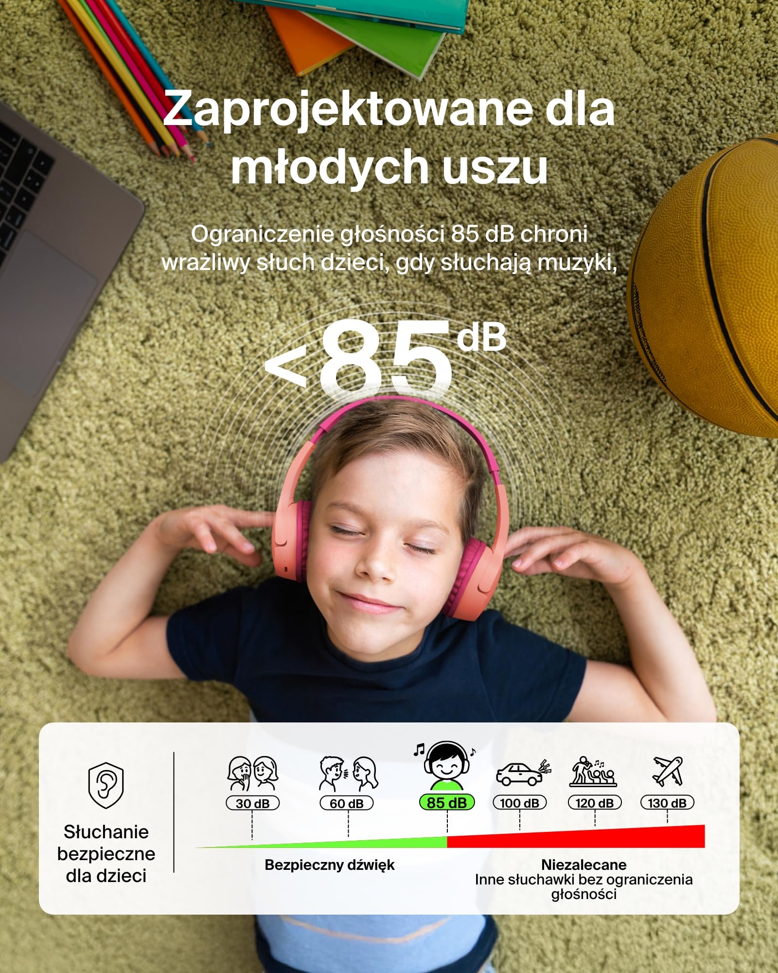 Bezprzewodowe słuchawki dla dzieci Belkin SoundForm Mini, wbudowany mikrofon, 30 h odtwarzania, z naklejkami – nauszne słuchawki do nauki zdalnej, szkoły, podróży, iPhone'a, iPada, Galaxy – różowe