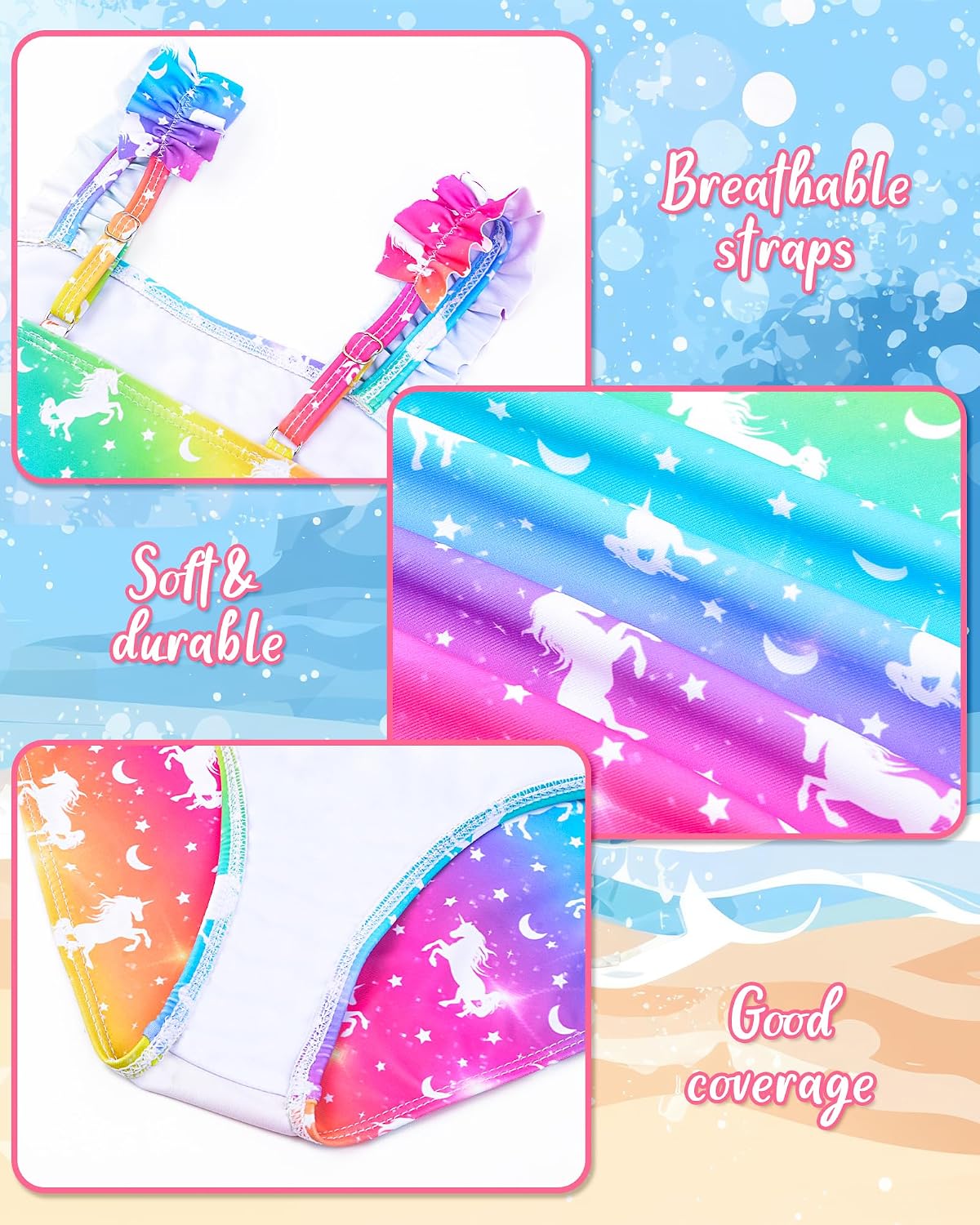 Girls Swimsuits One-Piece Bathing Suits Summer Kids Beach Swimwear Suits with Adjustable Strap Quick Dry Rainbow Unicorn